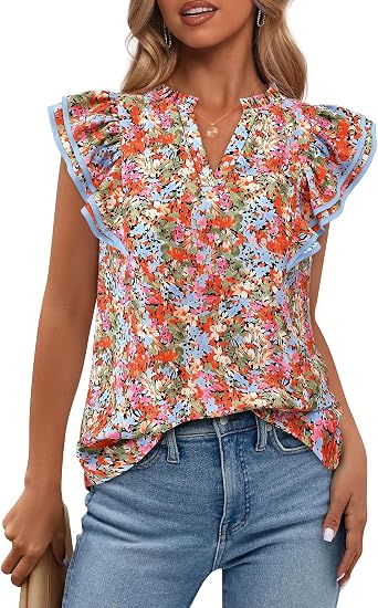 BTFBM Womens Tops Dressy Casual 2026 Spring Summer Shirts Boho Floral V Neck Ruffle Cap Sleeve Business Work Blouses