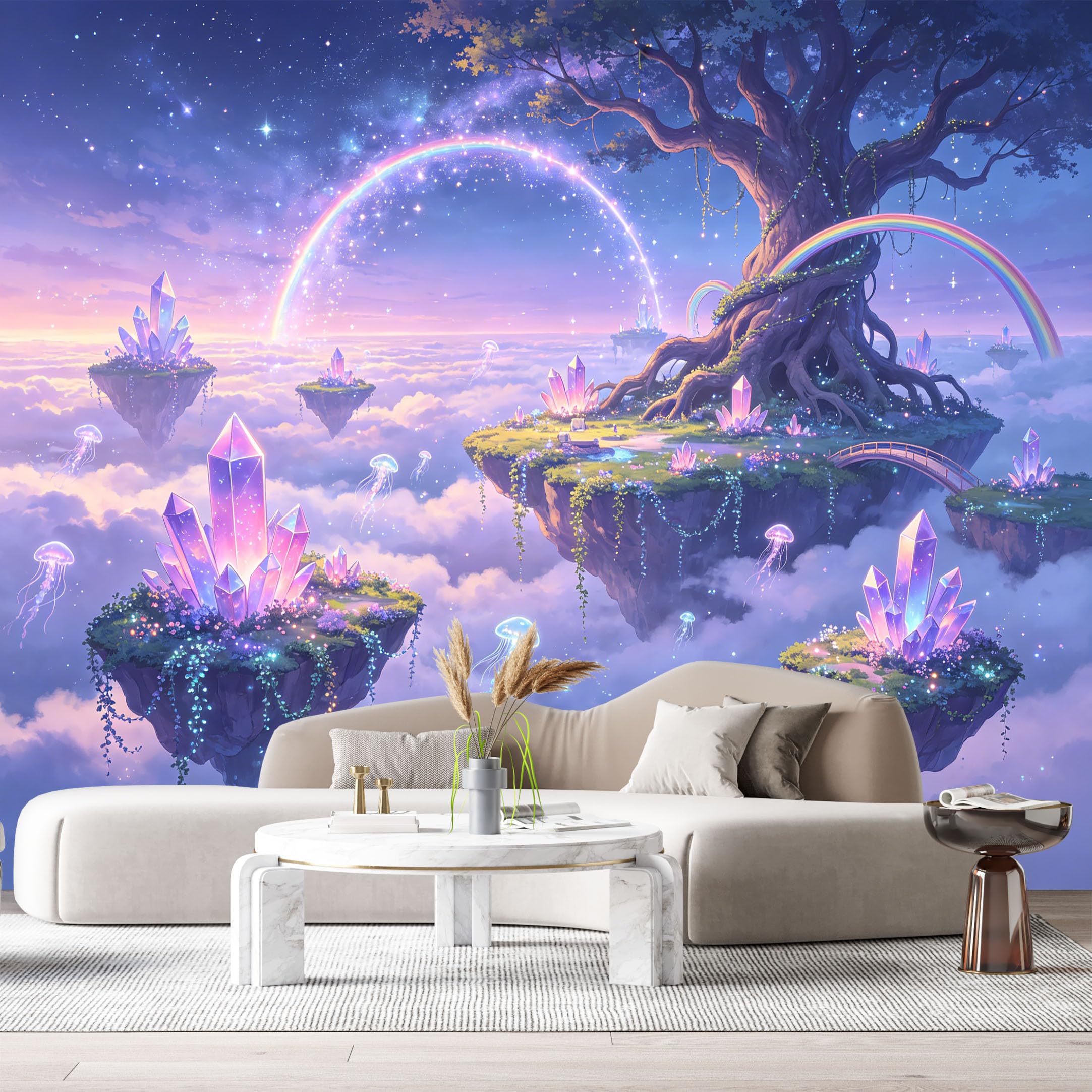 Custom Size Wall Murals Floating Islands Crystal Rainbow Jellyfish Surreal Landscape SelfAdhesive Wall Fabric Removable Large Wallpaper for Photo Living Room