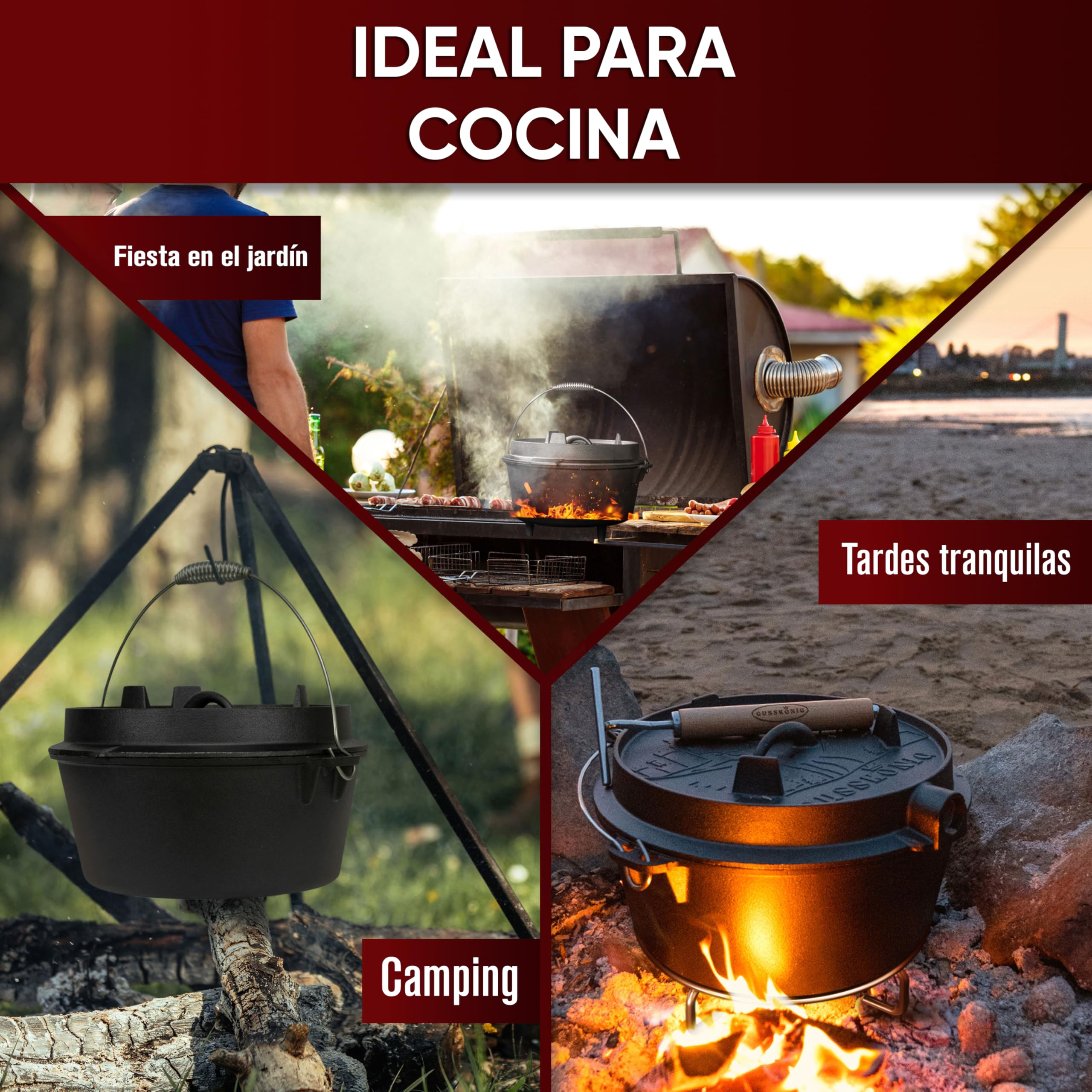 GUSSKÖNIG Ensemble de Dutch Oven - Dutch Oven de 7 Litres déjà culotté - Feuertopf en fonte sans pieds - Cocotte multifonction - avec lève-couvercle 2 en 1, brosse et livre de recettes Dutch Oven