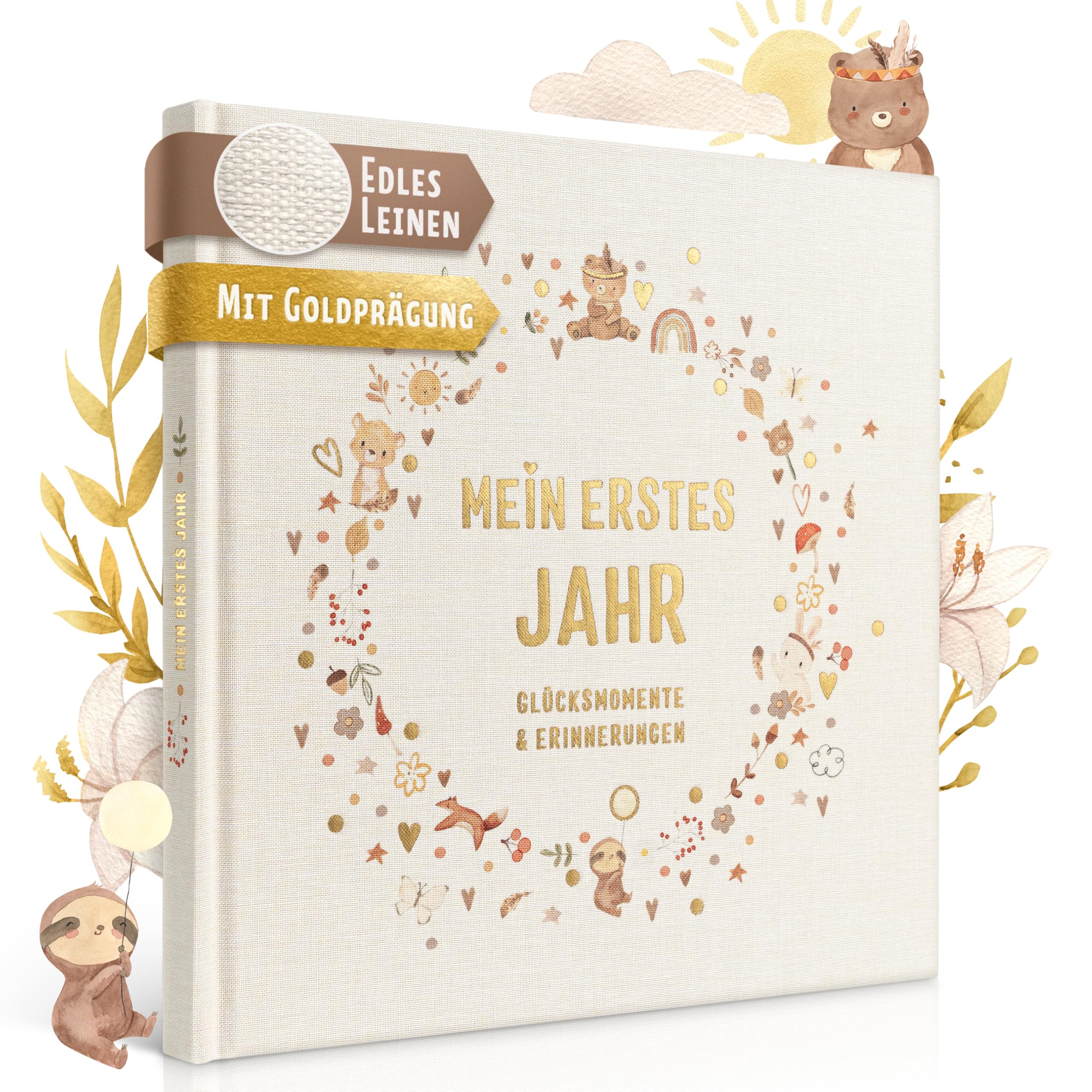 EULENTALER® Das Babyalbum mein erstes Jahr "BOHO" I Von Pädagogen gestaltet I Mit handgemalten süßen Illustrationen I Echtes Leinencover + Goldprägung I Babytagebuch für Jungs & Mädchen zur Geburt