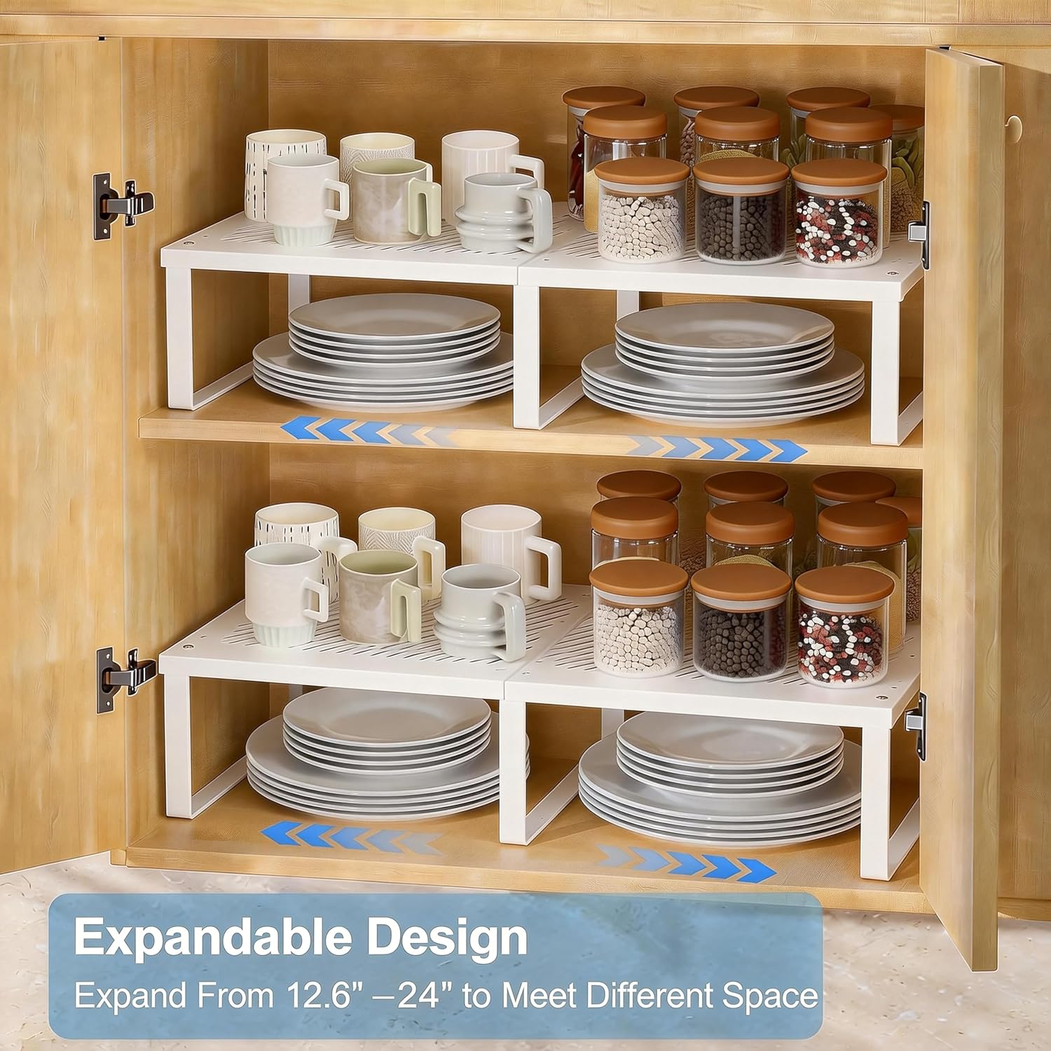 2 Pack Expandable Cabinet Shelves Organizer Width 11'' Stackable Kitchen Counter Storage Shelves,Adjustable Width Pantry Shelf Spice Rack
