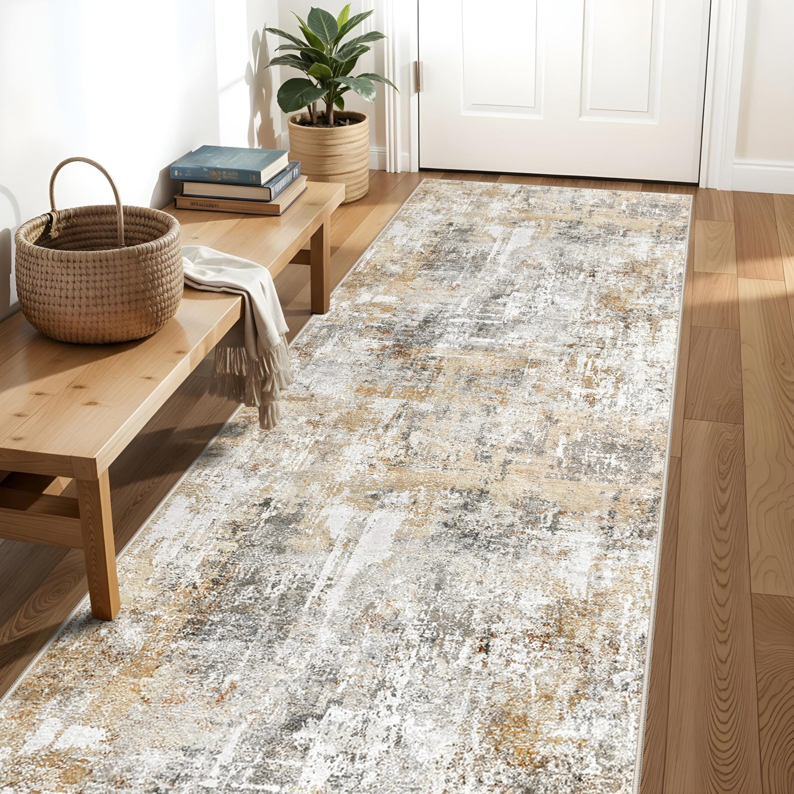 3x15 Ft Long Hallway Runner Rug - Non-Slip Washable Kitchen Runner Rug with Rubber Backing | Modern Abstract Wide Floor Carpet Runner for Indoor Entryway, Bedroom, Living Room (Gold Grey) — image 1