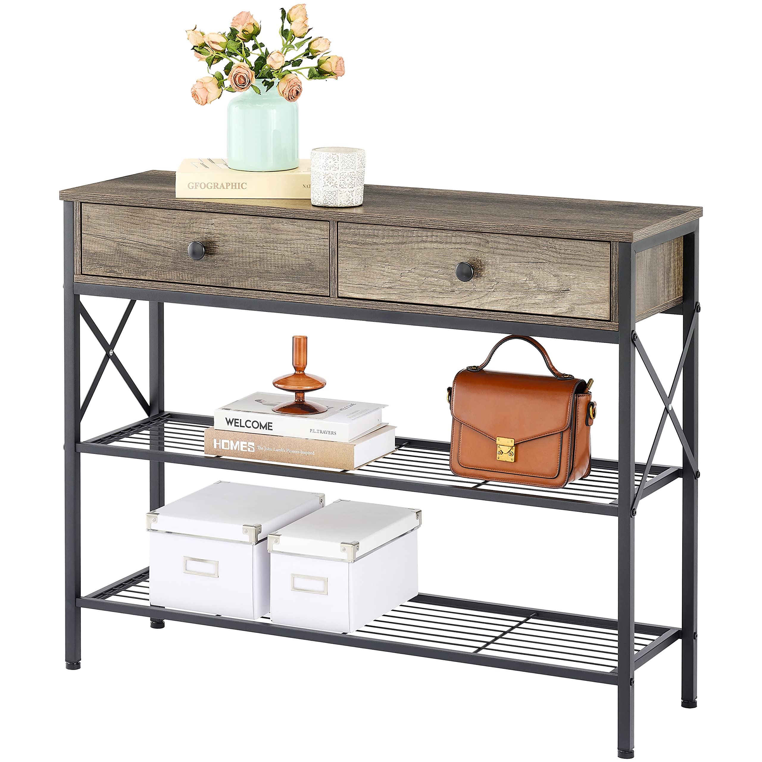 Hoctieon Console Table with Drawers, 3-Tier Industrial Sofa Table with Storage Shelves, Entryway Table with Stable Metal Support, Narrow Accent Table for Living Room, Entryway, Hallway, Greige