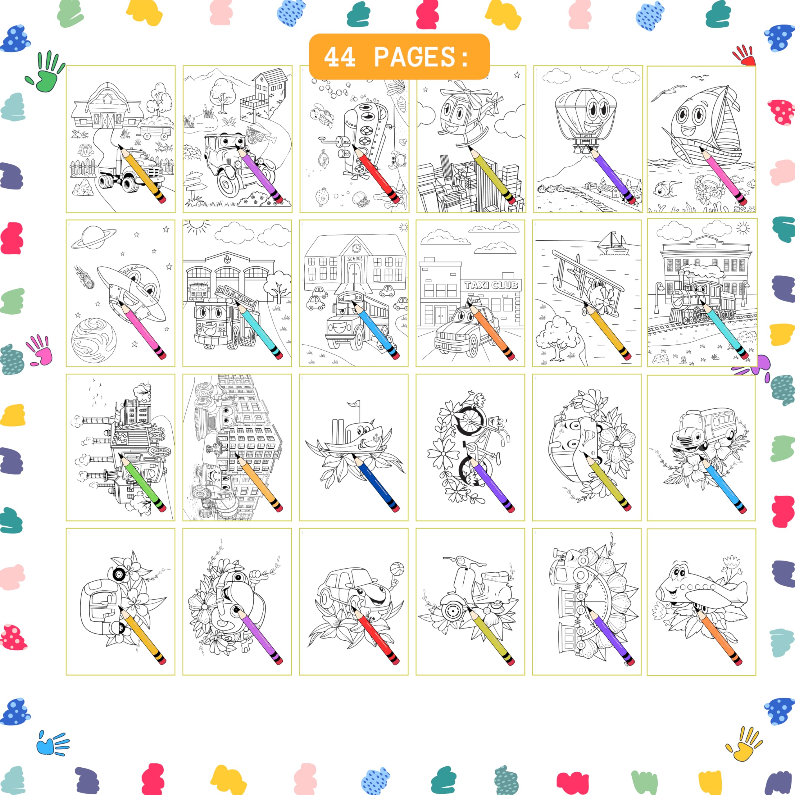 Pagine da colorare, Libro da colorare - Ruote gioiose per bambini, rilegatura a spirale, adatto per ragazzi e ragazze, veicoli sorridenti, Avventura da colorare. Carta spessa 199 g/m², Dimensioni del