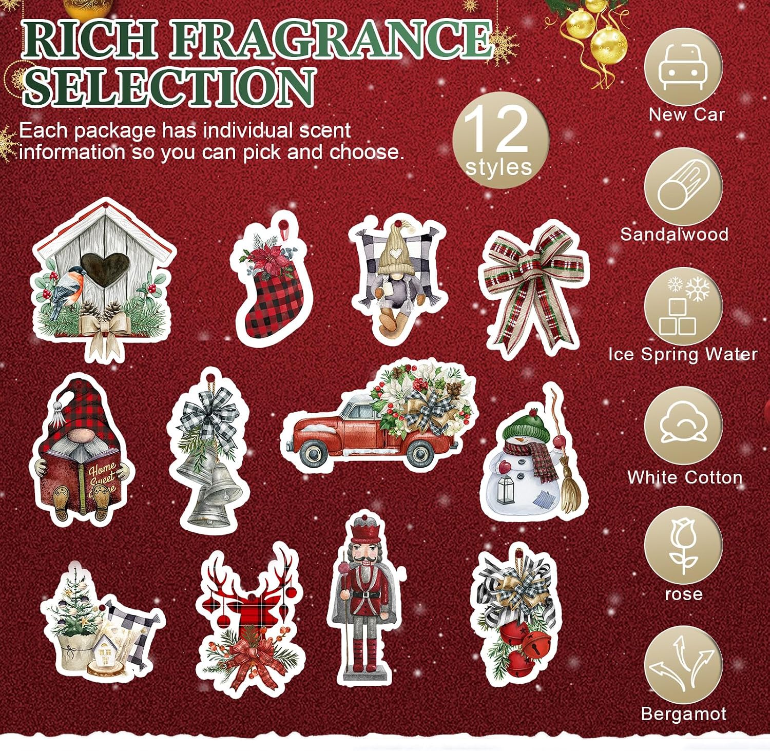 Siifert 12 Pcs Christmas Car Air Freshener Bulk Scented Christmas Tree Ornaments Buffalo Plaid Gnomes Snowman Bow Hanging Decoration Car Scented Automotive Interior for Stocking Stuffers Party Gift