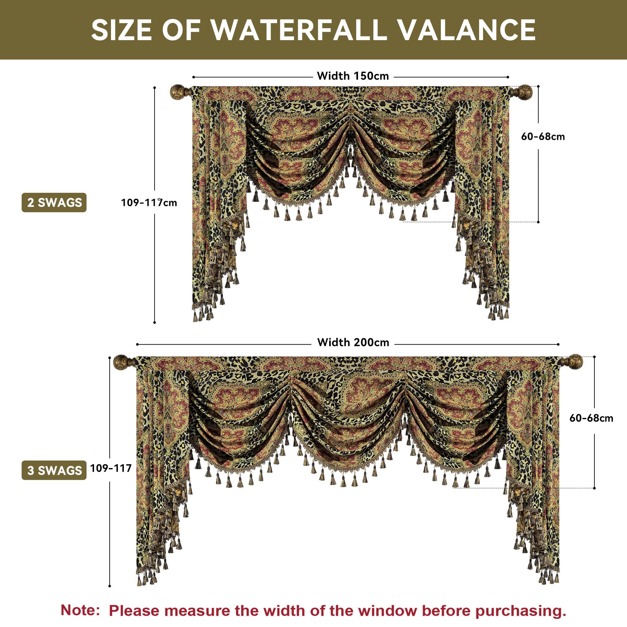 Cenefa para Ventanas, Cenefa de Cascada de Damasco con Borlas, Cortina Corta para Dormitorio, Salón, Cocina (Ancho 150cm, Impresión Leopart)