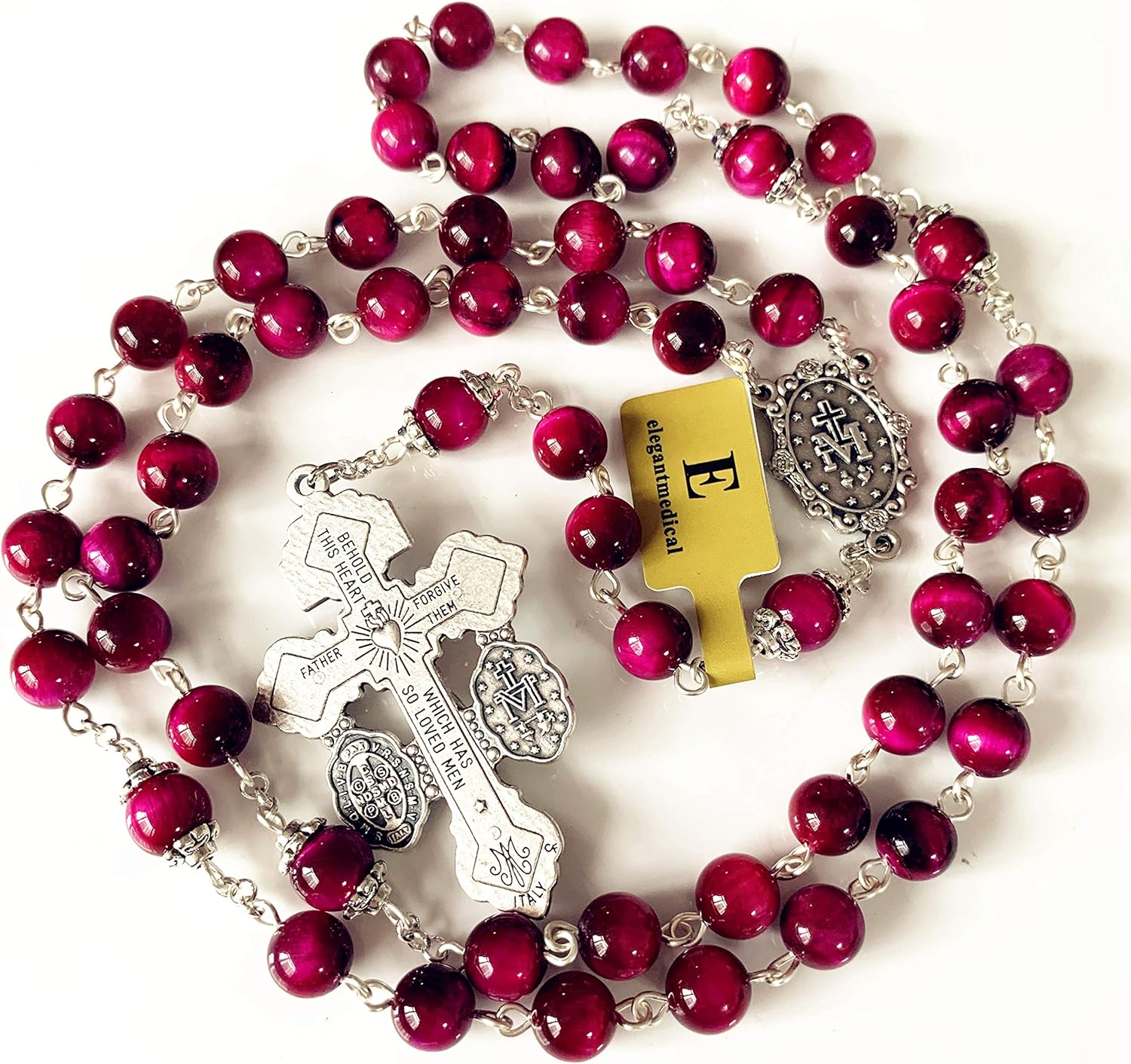 elegantmedical Handmade Red Tiger Eye Beads Our Lady of Grace Rosary Peacock Cross Necklace Catholic Gifts - Image 3