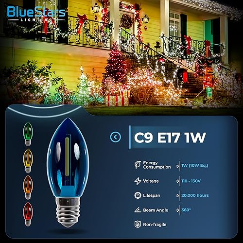 Miniatura 2 de BlueStars 25 Packs E17 Intermediate Base C9 Multi-Color LED Candle Bulbs 1W (10W Equivalent), Shatterproof, Perfect for Outdoor Indoor Holiday