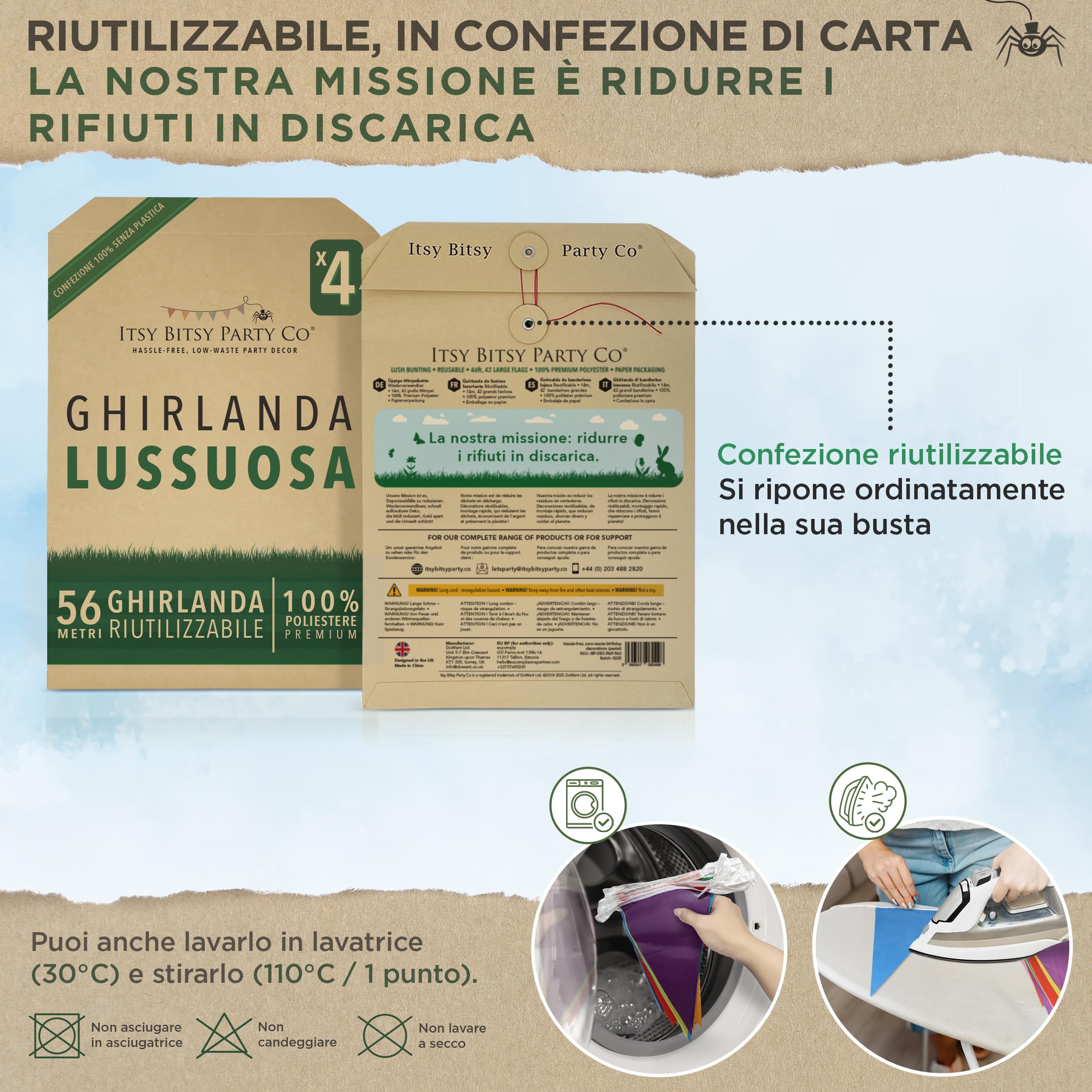 Festoni Compleanno in Poliestere Riutilizzabili – Bandierine Arcobaleno Resistenti per Interno ed Esterno, Decorazioni Festa Impermeabili Striscione, Confezione da 4, 56m (168 Bandiere)
