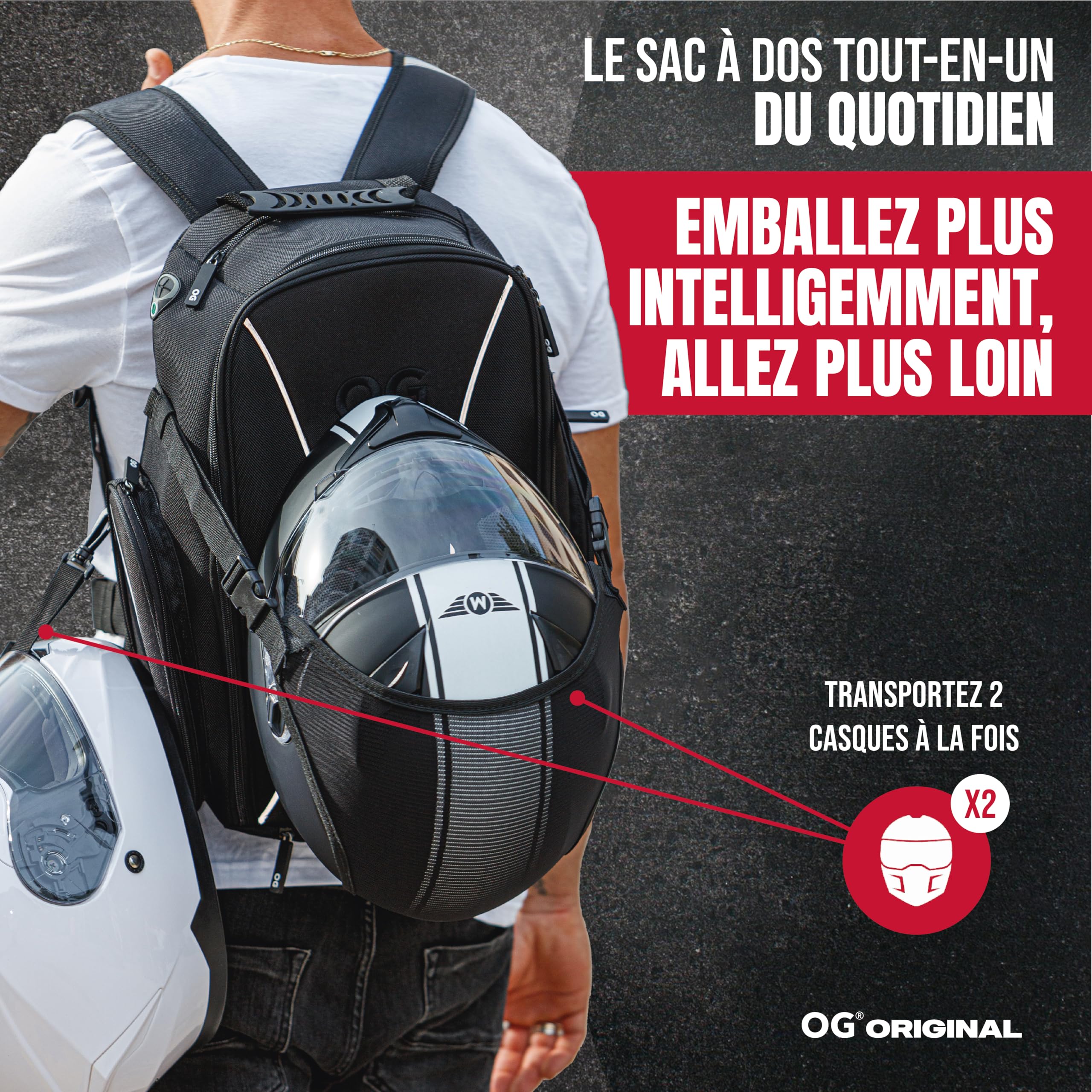 GO Sac a Dos Moto Étanche Compact 20L pour 2 Casques 2 Modes de Port | Design léger avec compartiment ordinateur, sangle casque, poche antivol et détails réfléchissants pour moto et vélo.