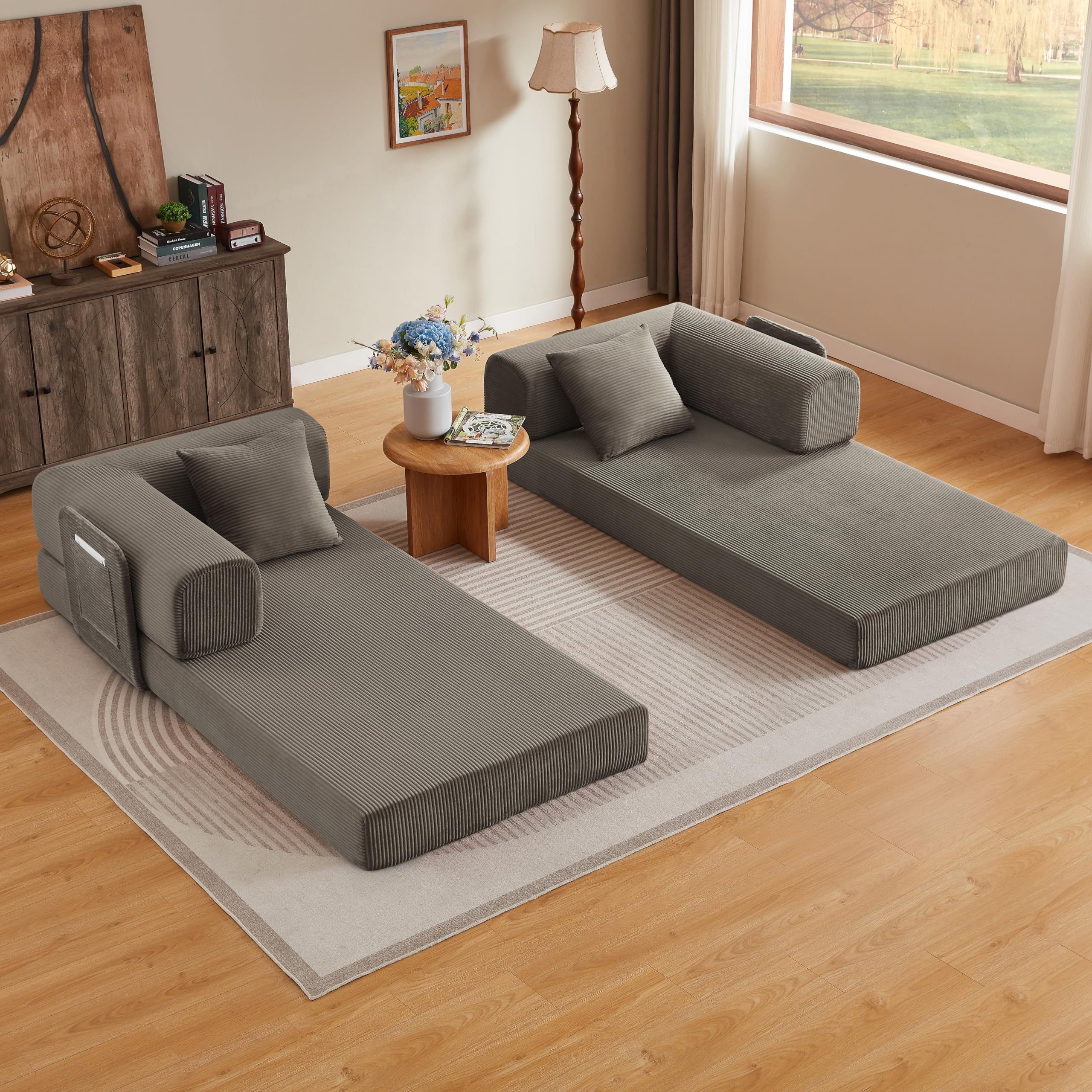 Sofa podłogowa rozkładana sofa modułowa z 2 poduszkami, stalowy stelaż, kolor brązowy
