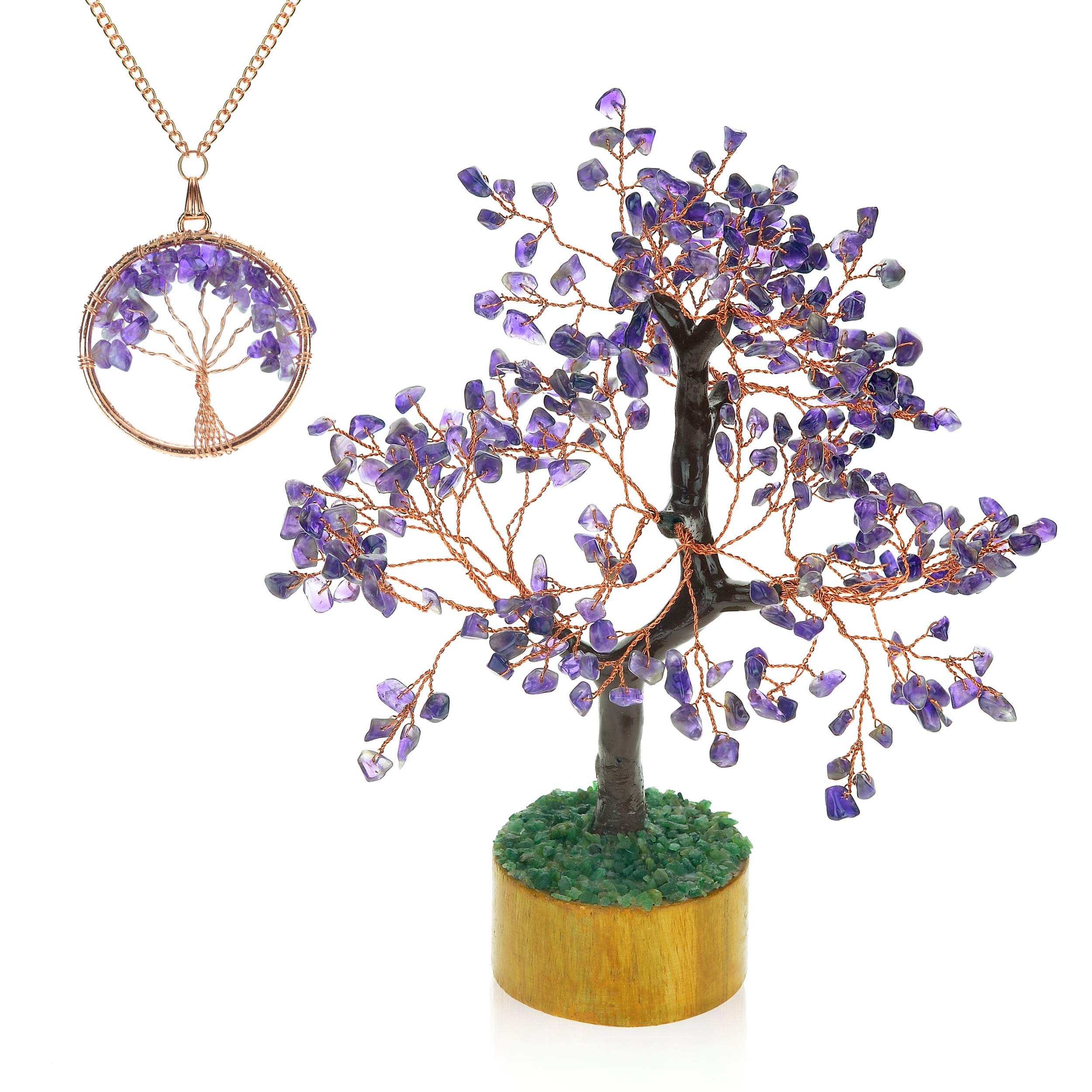 Ever Vibes Amethyst Chakra Gemstone Money Tree of Life [with Bonus Necklace] | Feng Shui Healing Crystal Chinese Oriental Home Décor Tree Figurine | Handmade Gift for Good Luck, Fortune, Wealth