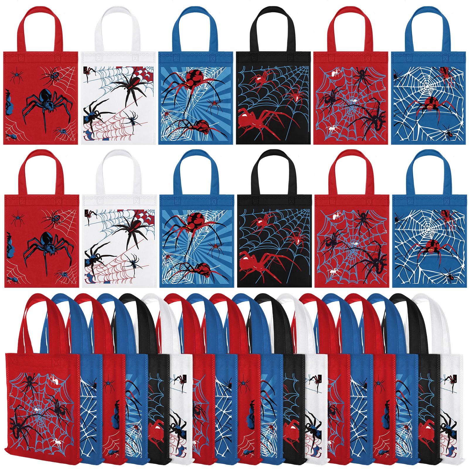 Kacctyen 24 Pack Spider Party Favor Gift Bags Non Woven Reusable Goody Treat Bags with Handles Spider Web Themed Birthday Party Supplies, 6 Styles