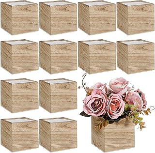 Suzile 12 Set 4 Inch Wooden Planter Box Flower Square Vases for Centerpiece Rustic Cube Planter Box with Removable Foam Blocks Liner Square Vase Craft for Garden Home(Wood Color)