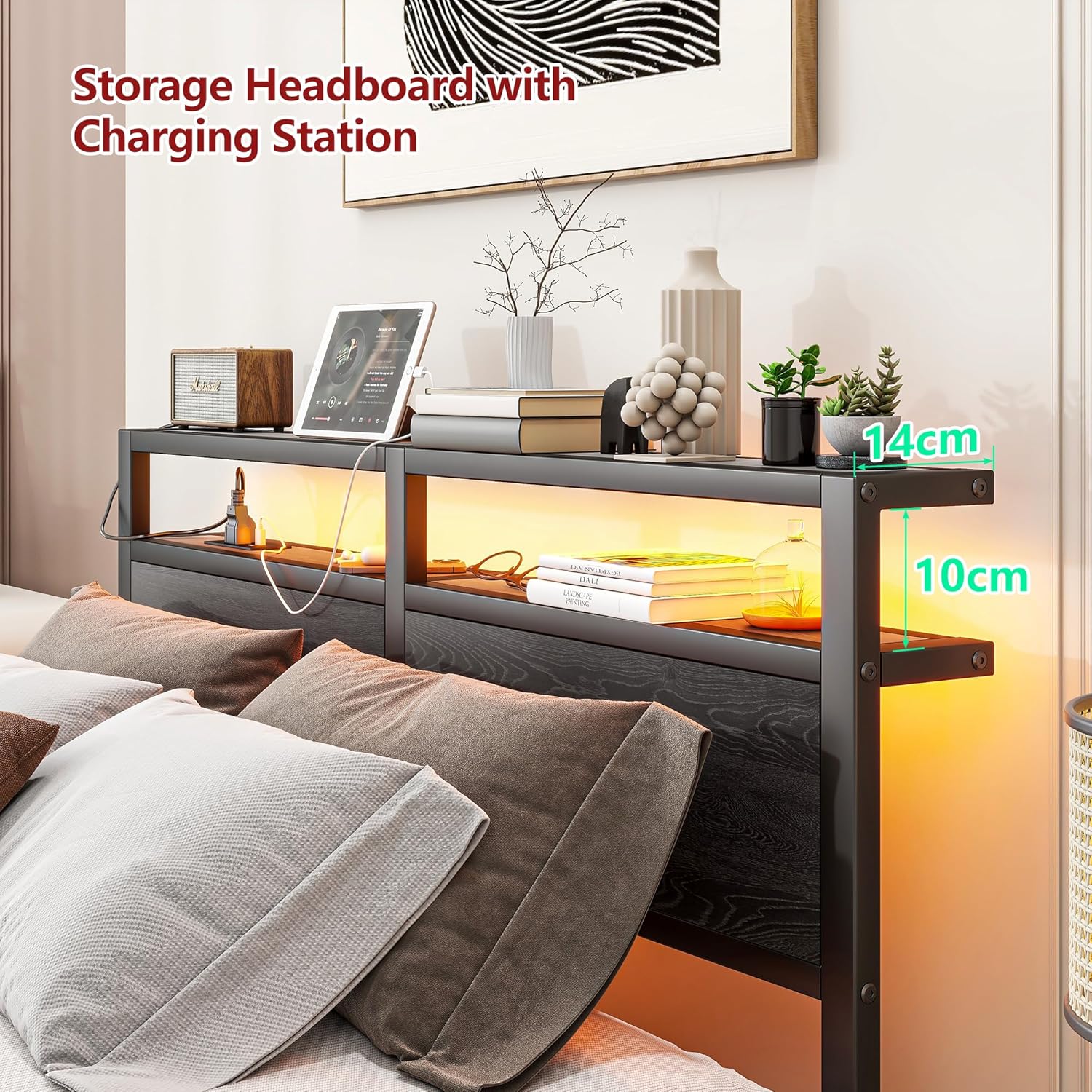 Queen Size Bed Frame with LED Lights Storage Headboard and USB Charging Station,Metal Platform Bed Frame Queen Size,No Box Spring Needed,Strong Heavy Duty Metal Slats,Noise Free,Black - Image 7