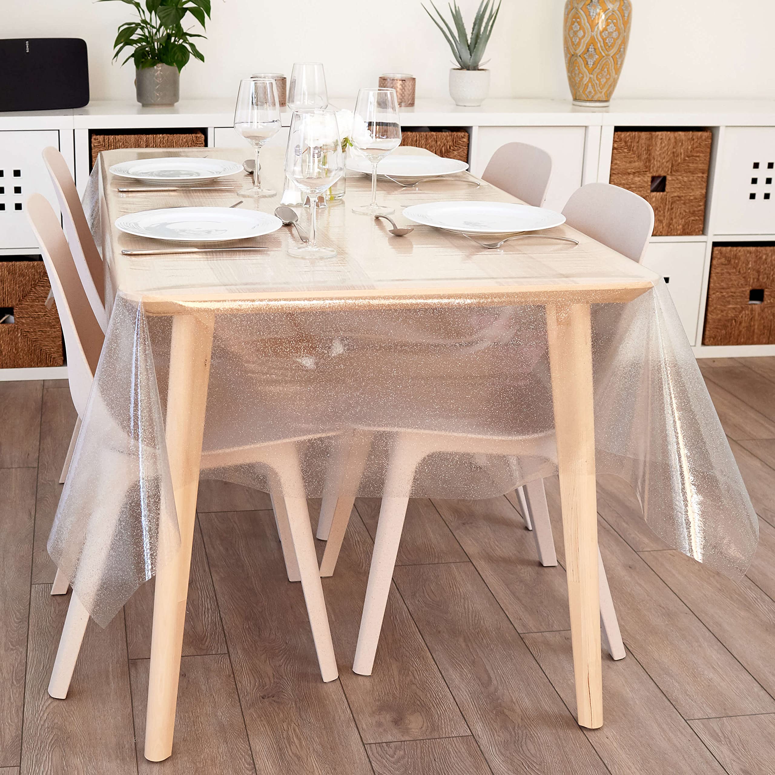 Jolee Glitter Plastic Table Cover | Clear Silver Transparent Table Protector | PVC Vinyl Table Cloth | Wipe Clean Table Protector | Table Protectors For Dining Room Tables Cut To Size And Shape