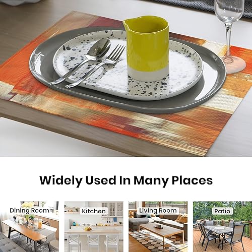 Miniatura 4 de Juego de 6 manteles individuales naranjas para mesa de comedor, arte moderno, pintura abstracta, manteles individuales de lino lavables para cocina,