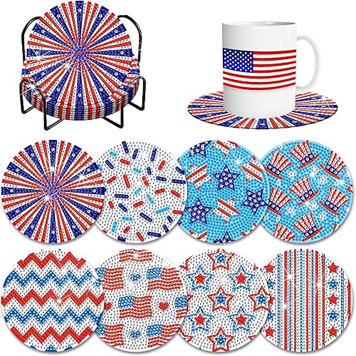 8 posavasos patrióticos de diamantes con soporte para bricolaje, lindos posavasos de arte de diamantes del 4 de julio, Día de la Independencia 5D