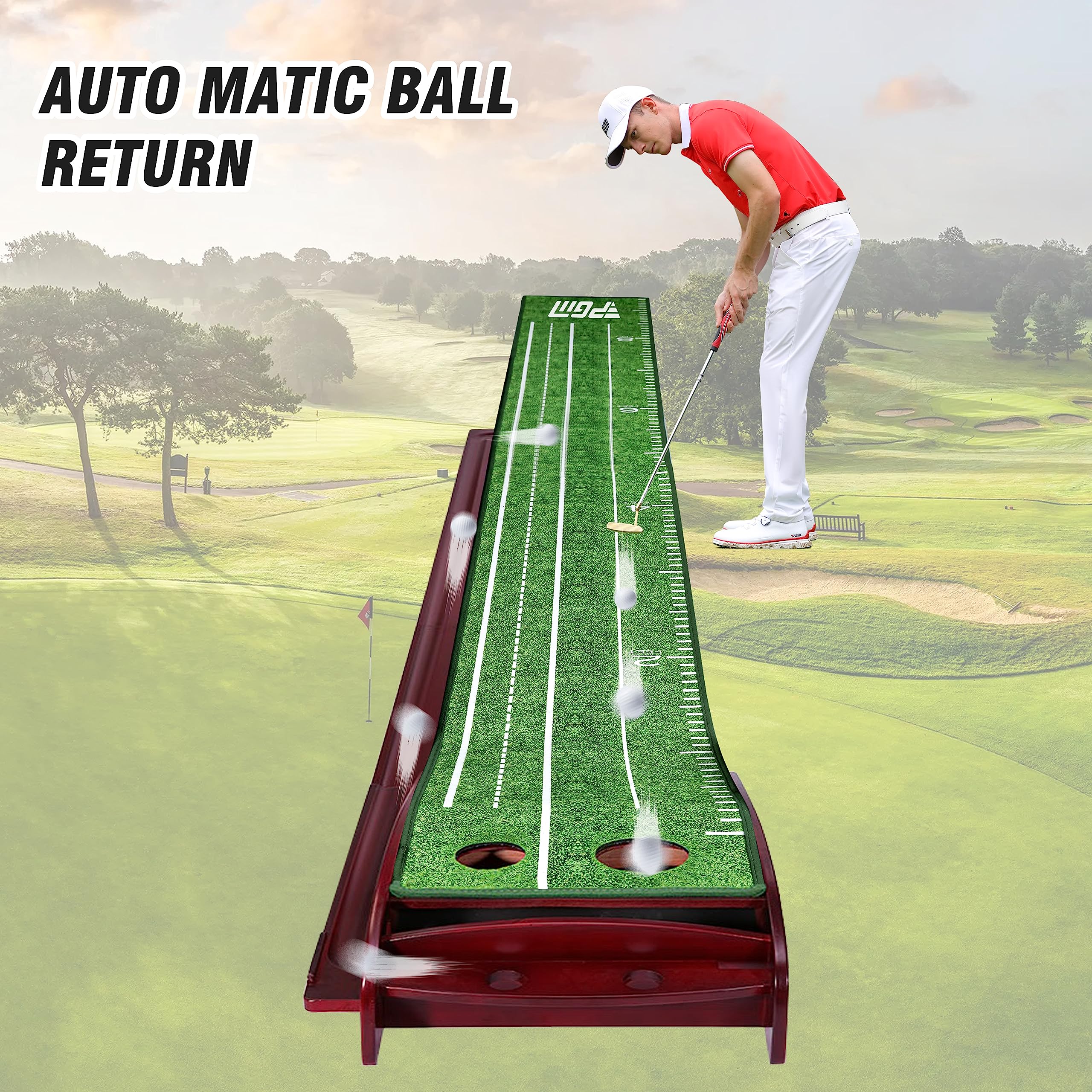 PGM Perfect Practice Putting Mat Indoor Golf Putting Green with 1/2 Hole Training, Auto Ball