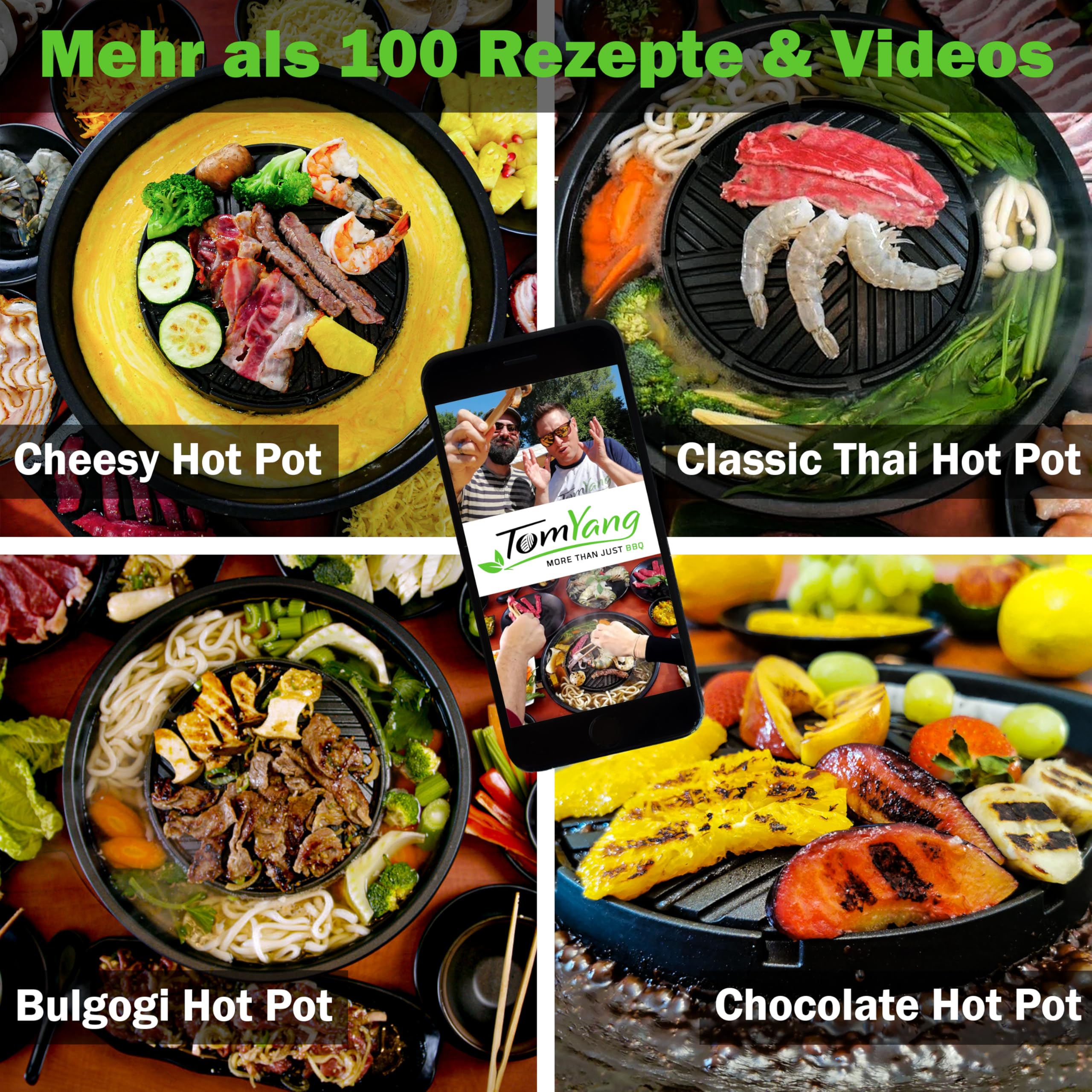 TomYang Hot Pot Set ink.Kochbuch für den Original Thai Grill & Hotpot, 4 Grillzangen, Elektrischer Hotpot mit schneller Aufheizzeit, Korean BBQ Grill, Mookata, mehr als 100 Anleitungsvideos