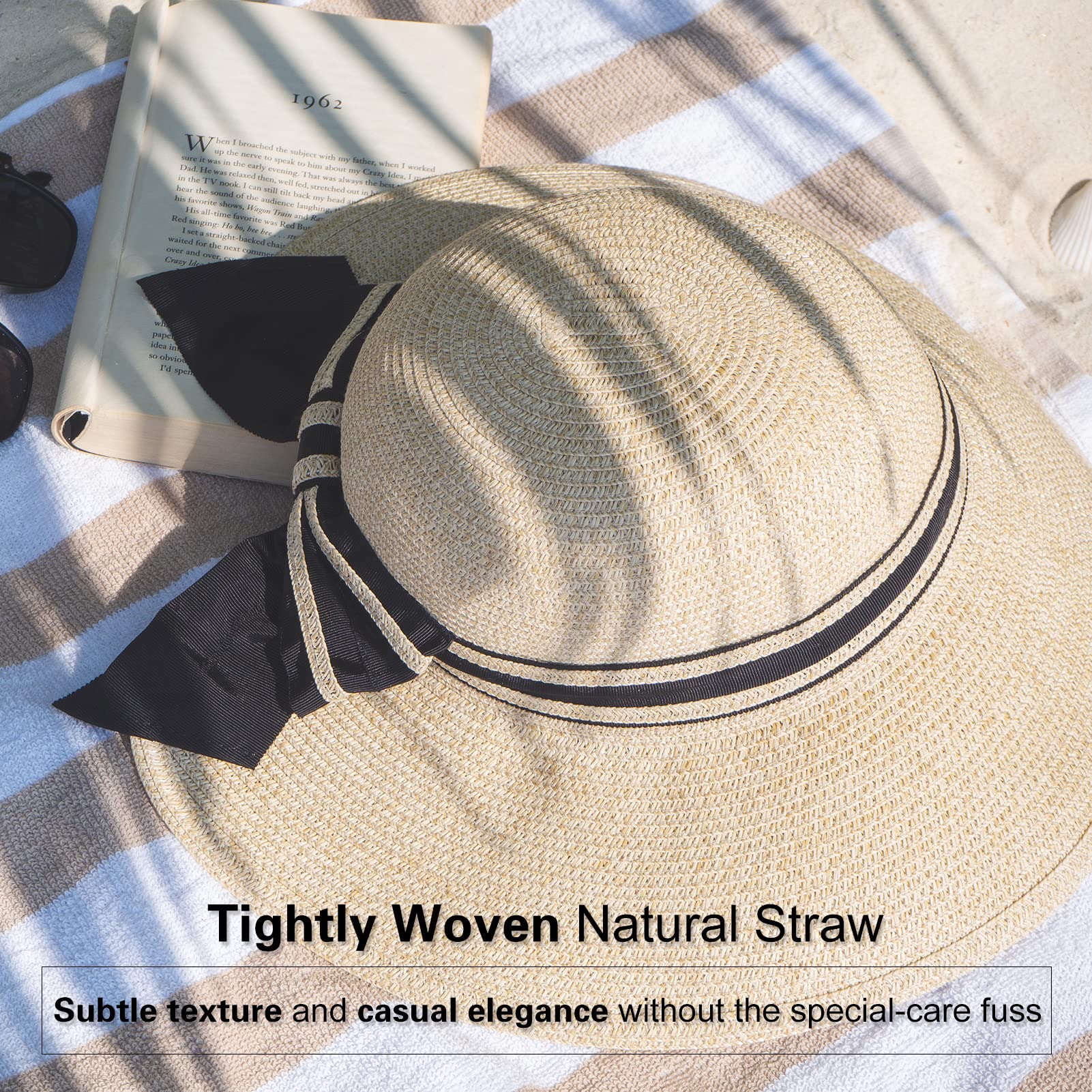 Comhats Ladies Sun Hats UPF 50 Wide Brim Straw Beach Summer Hat for Women Foldable Ponytail Bowknot