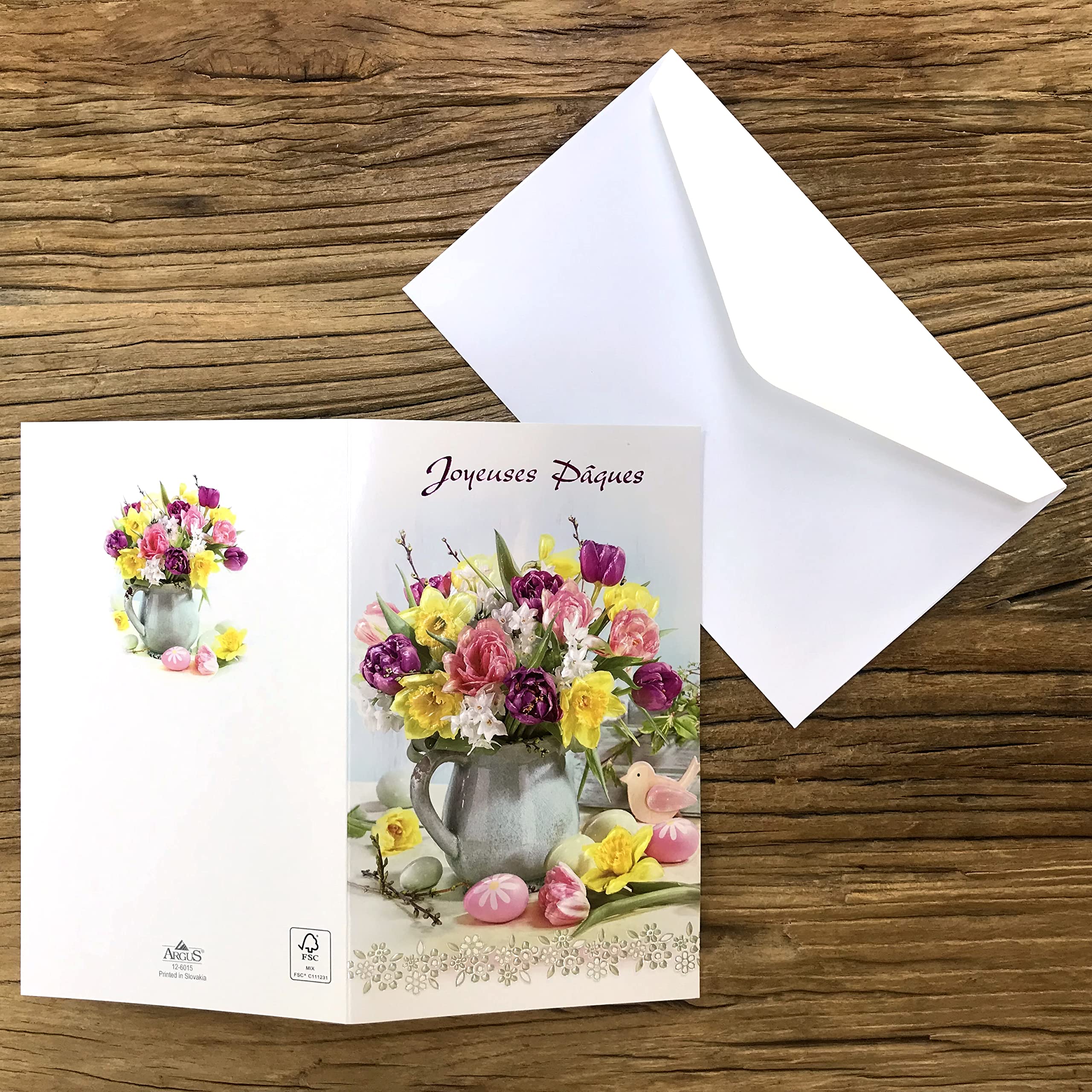 Carte Joyeuses Pâques Bouquets Fleurs Printemps Jonquille Narcisse Muscaris œufs Peints Cœur Livré Avec Enveloppe Format 12x19,5cm Papier écolabel FSC Gestion Durable Forêts Fabriqué En Europe 12-688