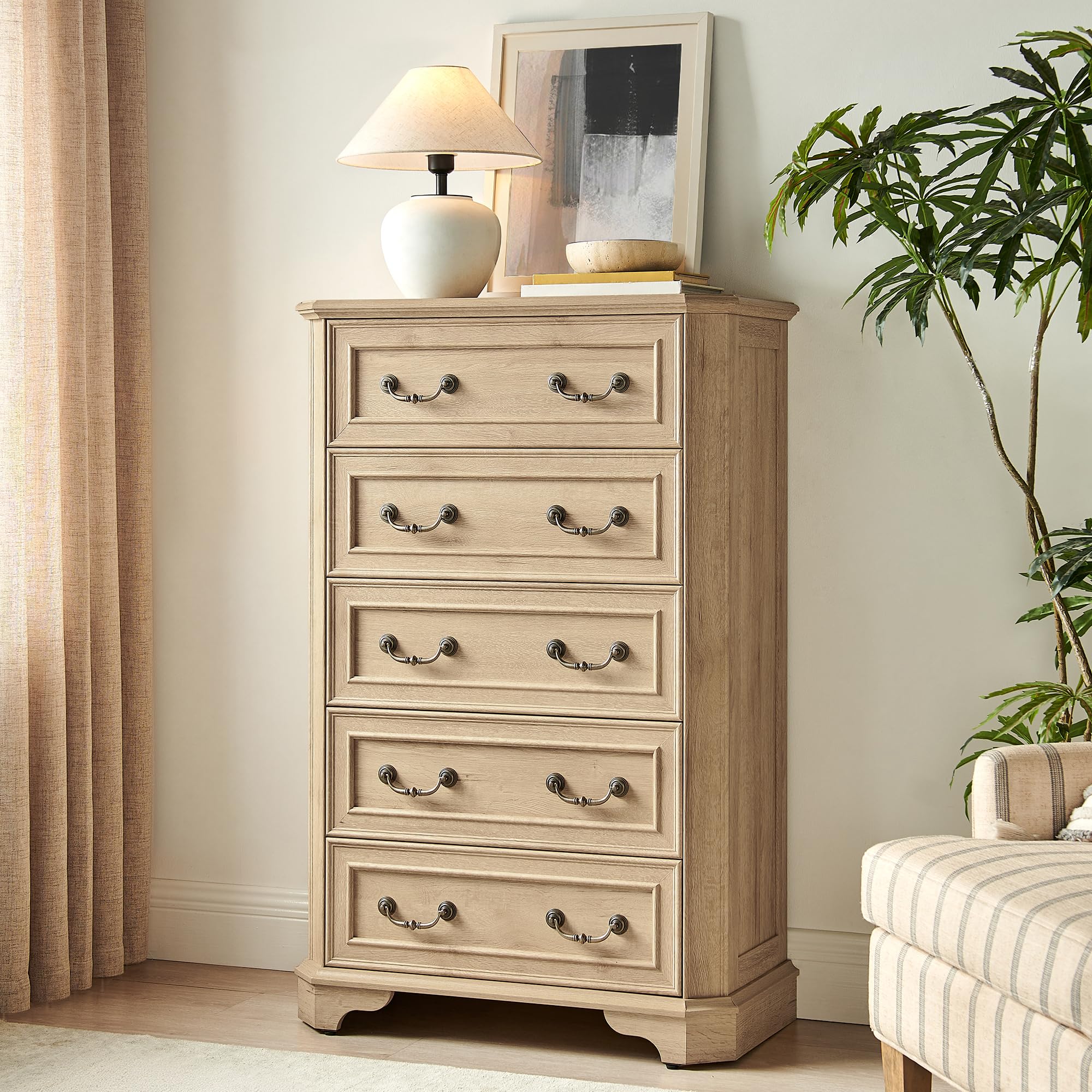 T4TREAM Farmhouse similar 5 Drawers Dresser for Bedroom, 48" Tall Wood Rustic Chest of Drawers with Natural Texture, Vintage Design, Storage Dressers Organizer for Bedroom, Living Room, Hallway, Natural Oak