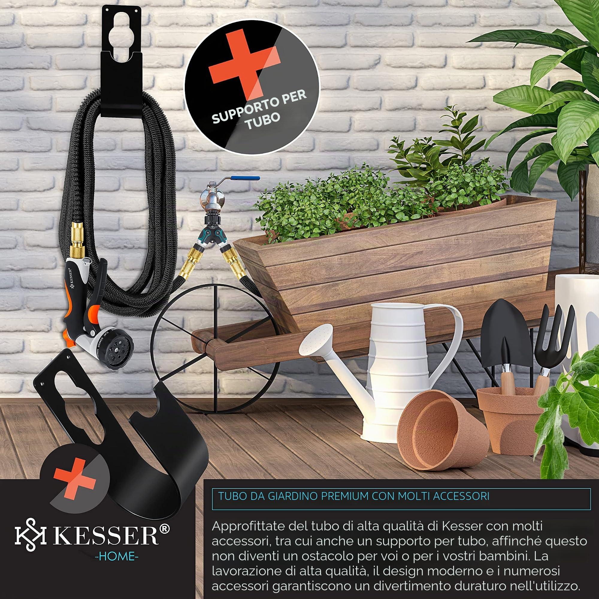 KESSER® Tubo da giardino flessibile di alta qualità, allungato, con supporto a parete, tubo flessibile con nucleo in lattice a 3 scomparti, tubo flessibile flessibile, viti in ottone di alta qualità