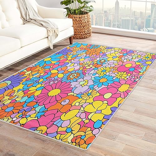 Alfombras florales retro de los años 70 para sala de estar, dormitorio, 6 x 8 pies, diseño de flores vintage Groovy, alfombra de área de 6 x 8 pies,