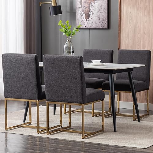 Miniatura 6 de Juego de 2 sillas de comedor modernas, sillas de comedor tapizadas de lino con patas de metal dorado para comedor, tocador, cocina, sala de estar,