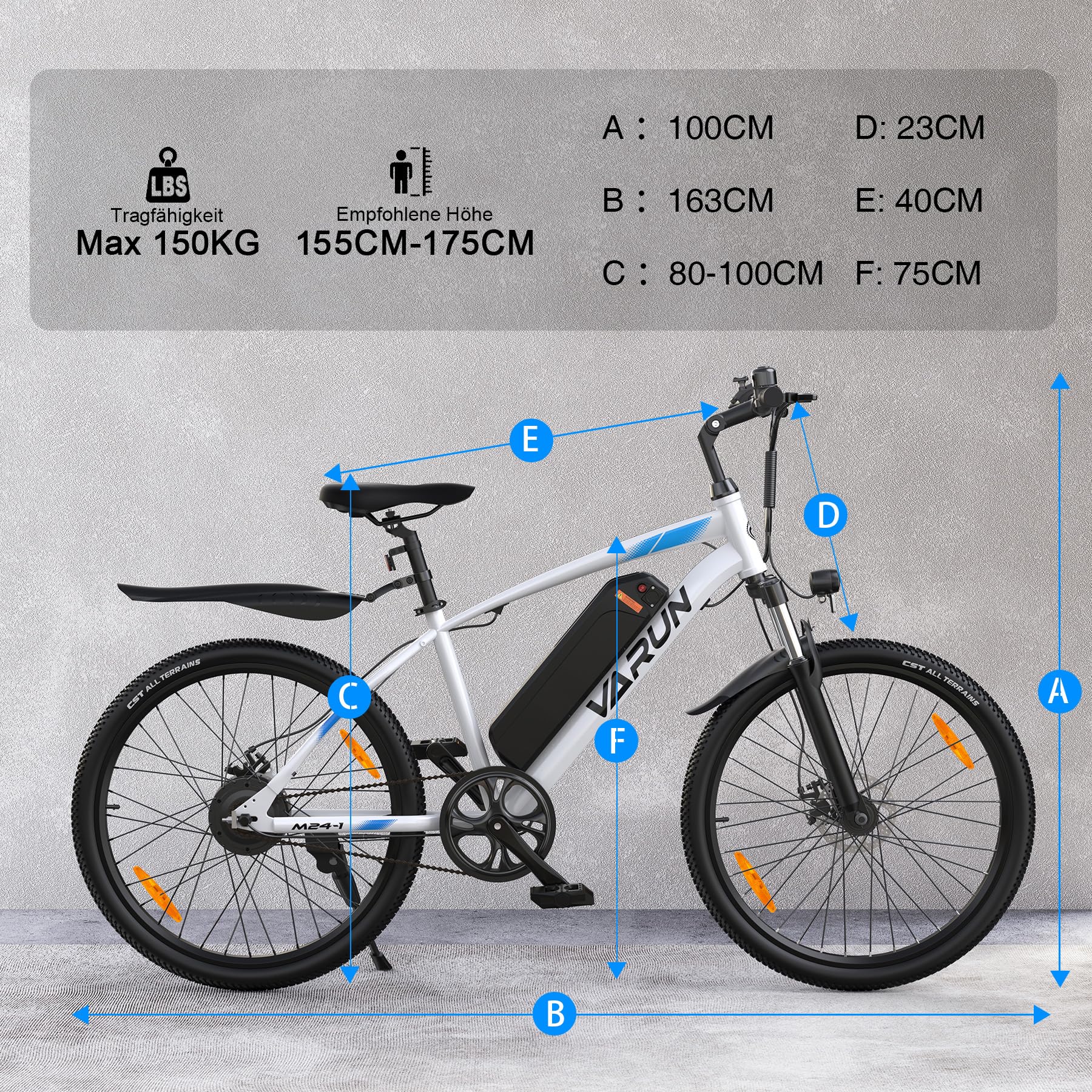 VARUN E Bike, 24 Zoll E-Bike Herren Damen mit 36 V Akku, 250 W Motor, 25 KM/H, Ebike Mountainbike mit Aluminium Rahmen, 4 Modi, Elektrofahrrad für Erwachsene/Jugendliche, Reichweite Max 50 KM