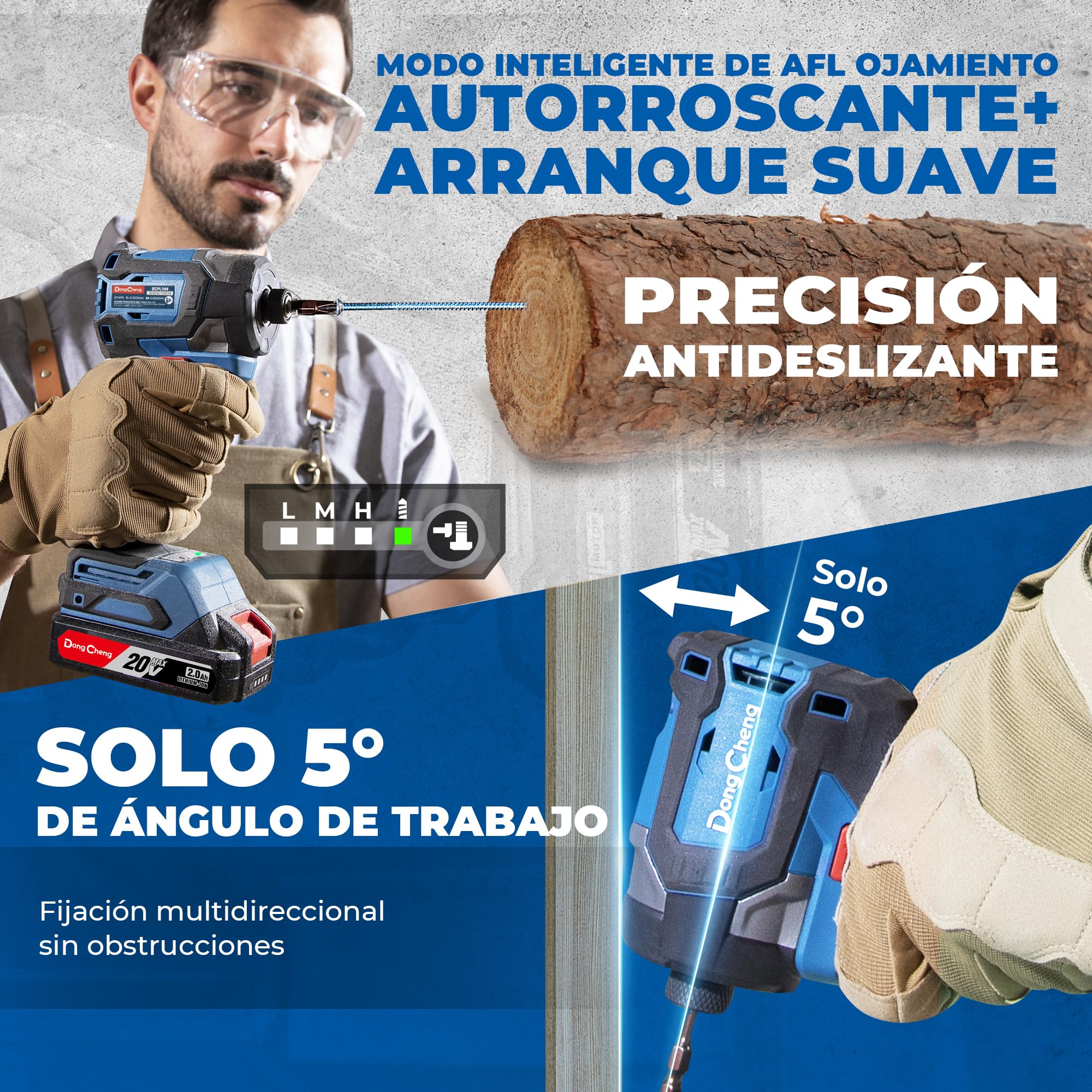 Atornillador de Impacto Dong Cheng 18V sin Escobillas, 208Nm, Modo Autoperforante, 3200 rpm, 4300 ipm, Portabrocas Hex 1/4", 3 Velocidades, con 2 Baterías de 2.0 Ah