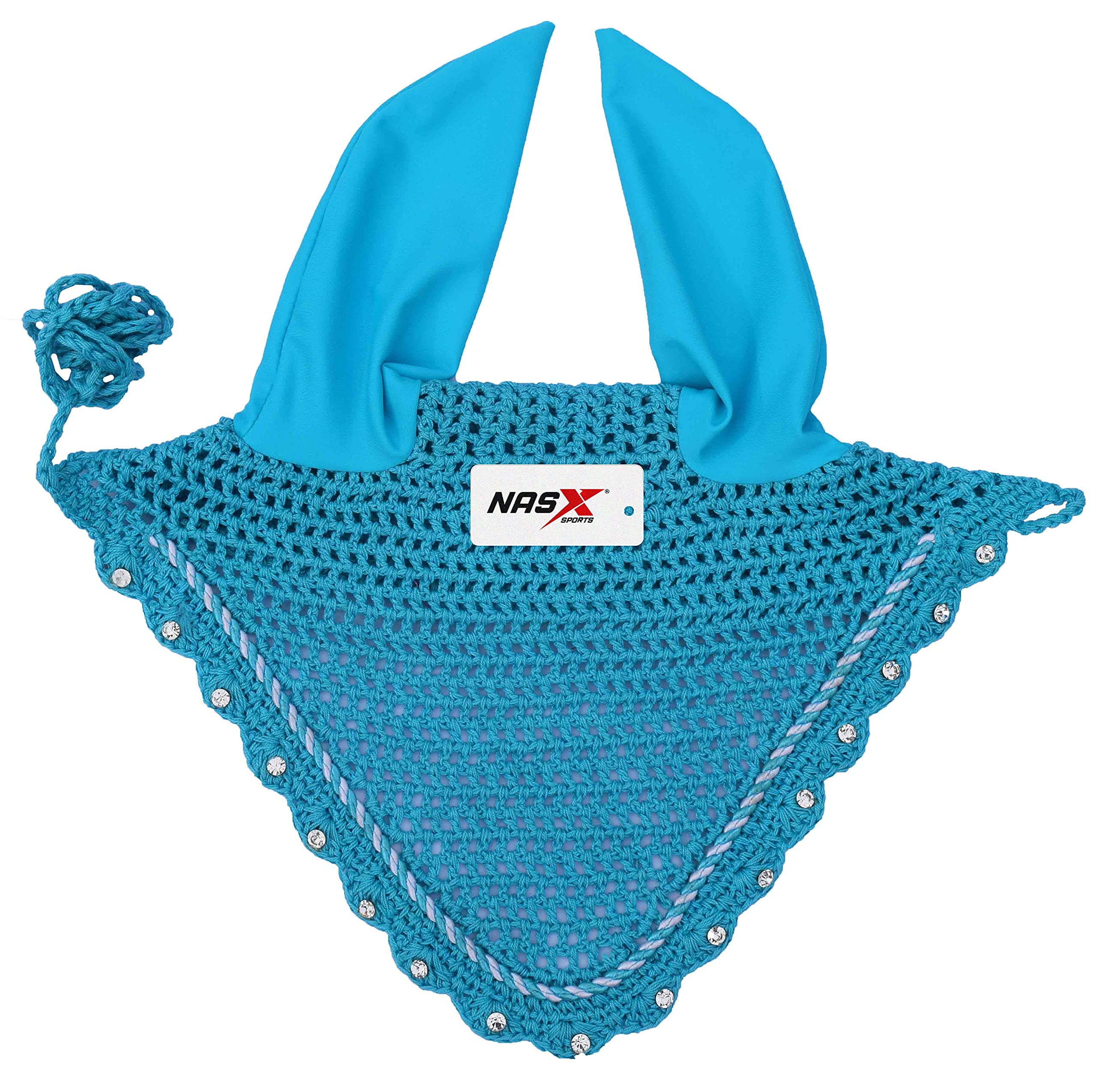 Diamante Crystal Horse Fly Hood Veil Ear Bonnet Flyveil Cotton Crochet Handmade Glitter (COB, Teal)