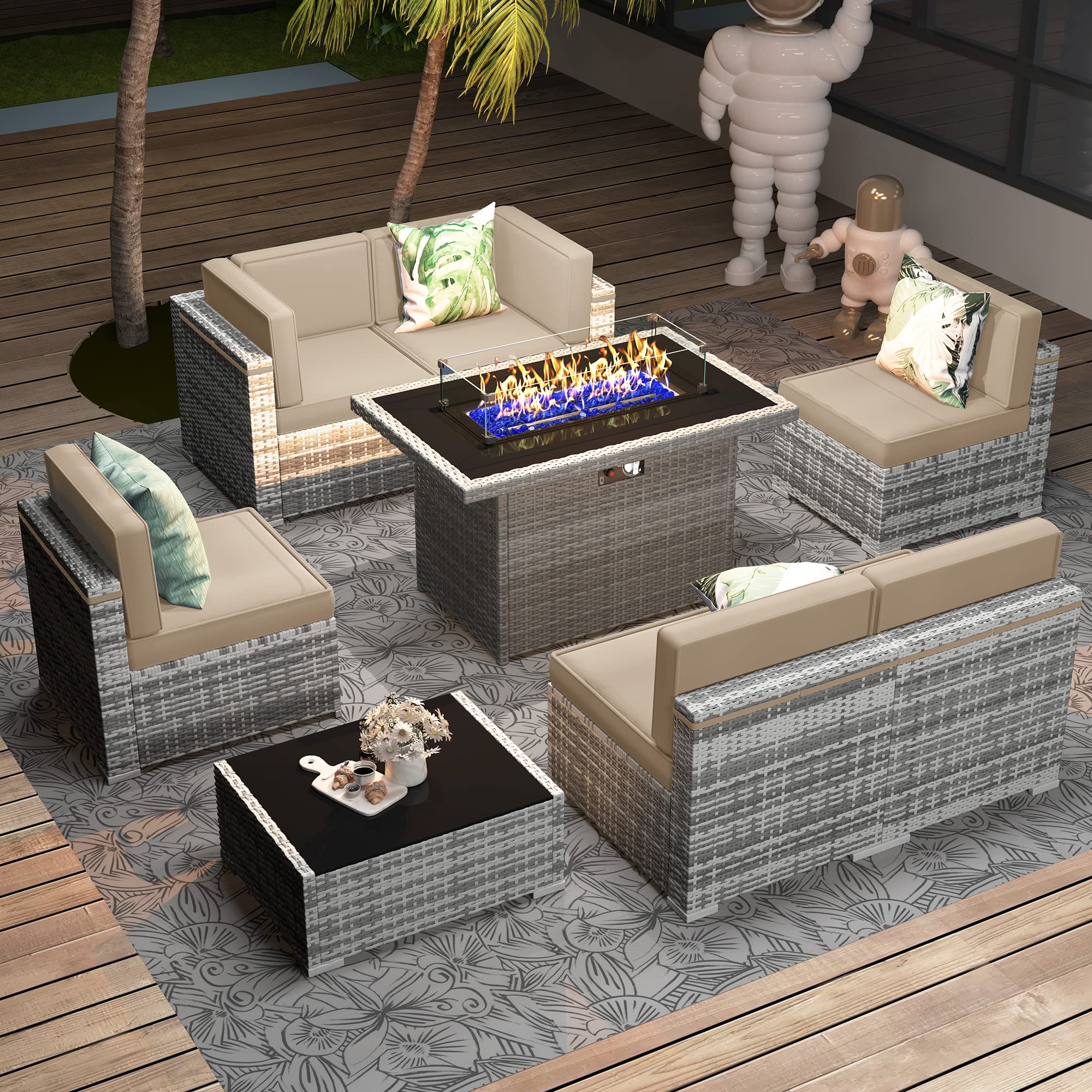 Vakollia 8 Pieces Patio Furniture Set with 44" Propane Gas Fire Pit Table, Outdoor Sectional Wicker Conversation Sofa Sets with Coffee Table