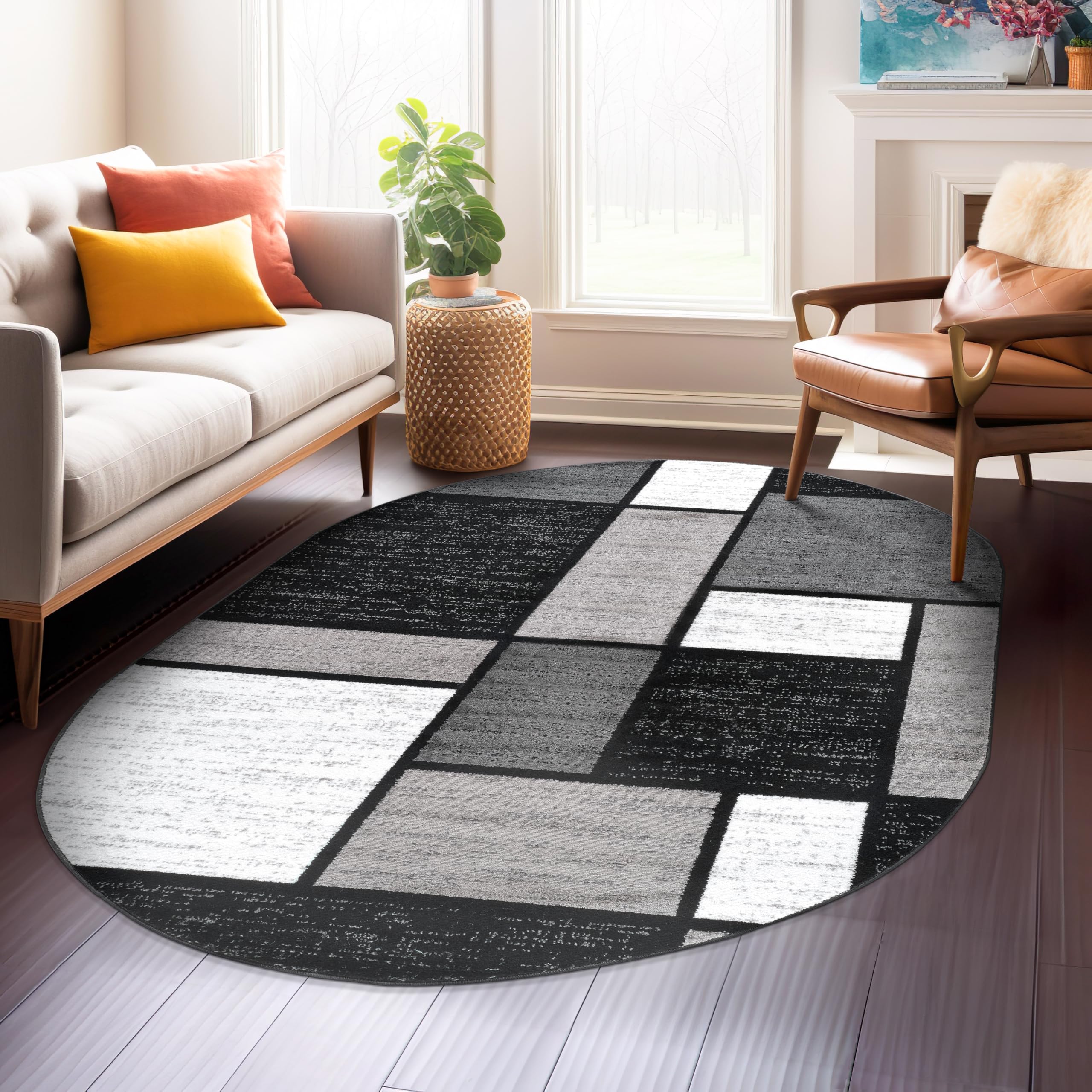 Rugshop Contemporary Modern Boxes for Home Office,Living Room,Bedroom,Kitchen Non Shedding Oval Area Rug 5' x 7' Gray