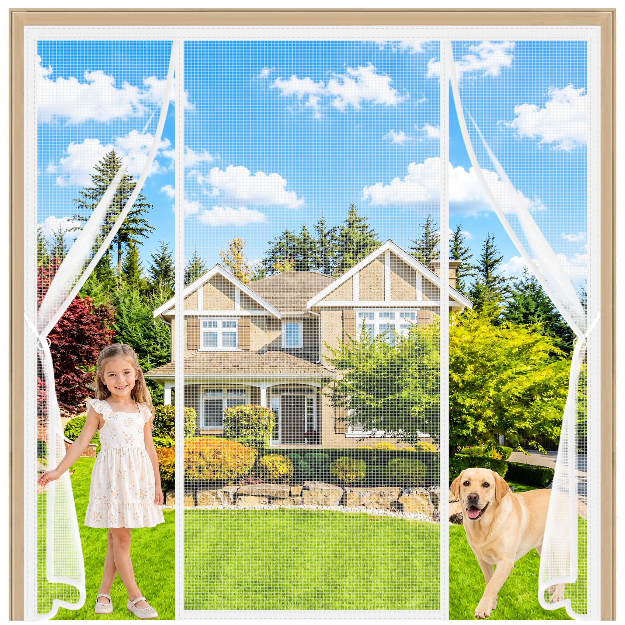 Fly Screens for Double French Doors White 150x215cm French Door Mesh Curtain Anti Mosquito Mesh Fly Curtain Anti-Tearing Seal Automatically for Bedroom Sliding Doors & Balcony