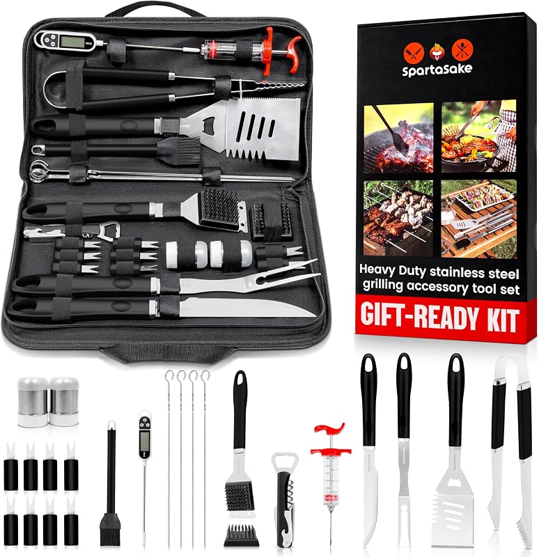 Juego de accesorios para parrilla de barbacoa de 24 piezas, herramientas para barbacoa de acero inoxidable con bolsa de transporte | Barbacoa De Patio Trasero, Parrilla Al Aire Libre, Camping, Juego De Herramientas para Barbacoa De Alta Resistencia, Ahumadores Y Plancha, Negro