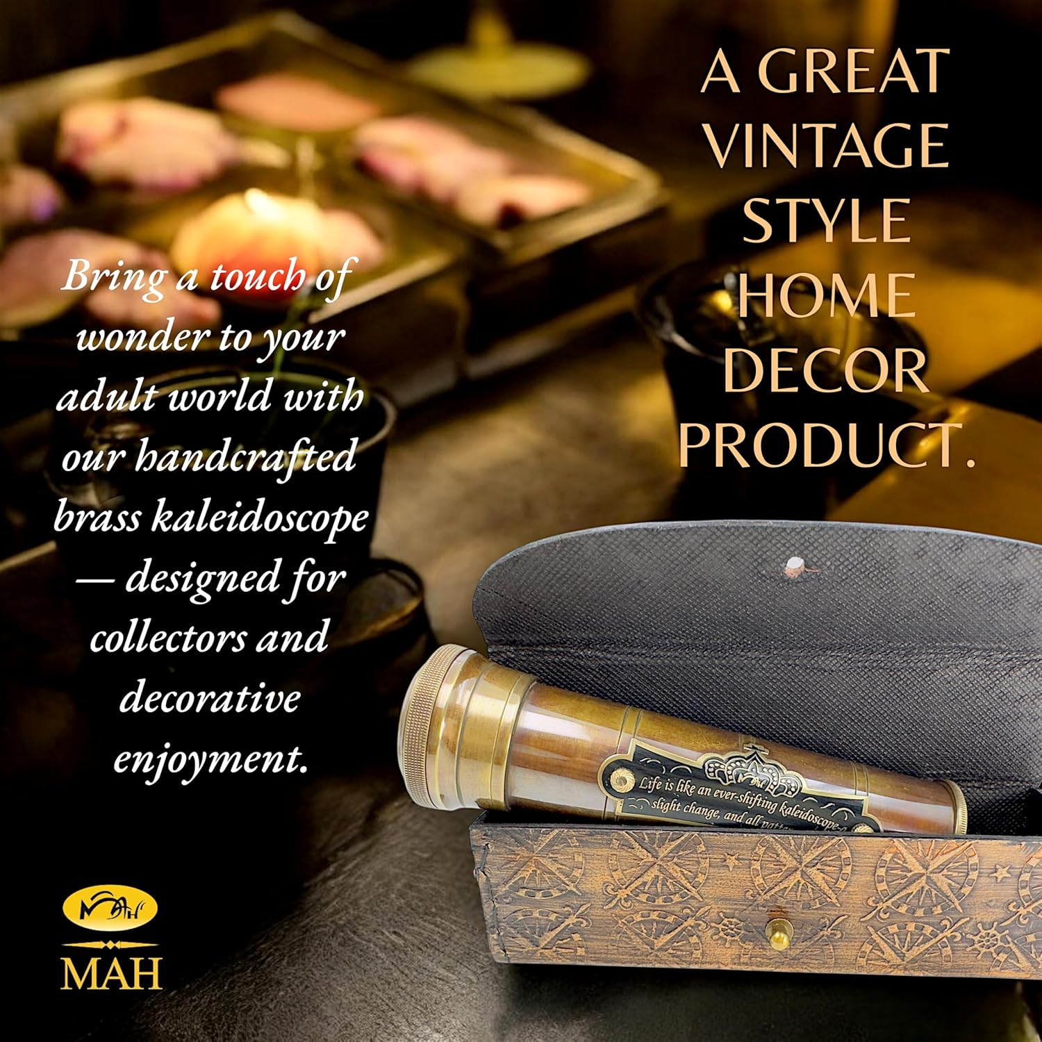 MAH Handcrafted Brass Kaleidoscope – Vintage Nautical Collectible Gift for Adults & Collectors – Sentimental Keepsake with Greeting Card – Decorative Home Décor Accent – Timeless Pattern Design