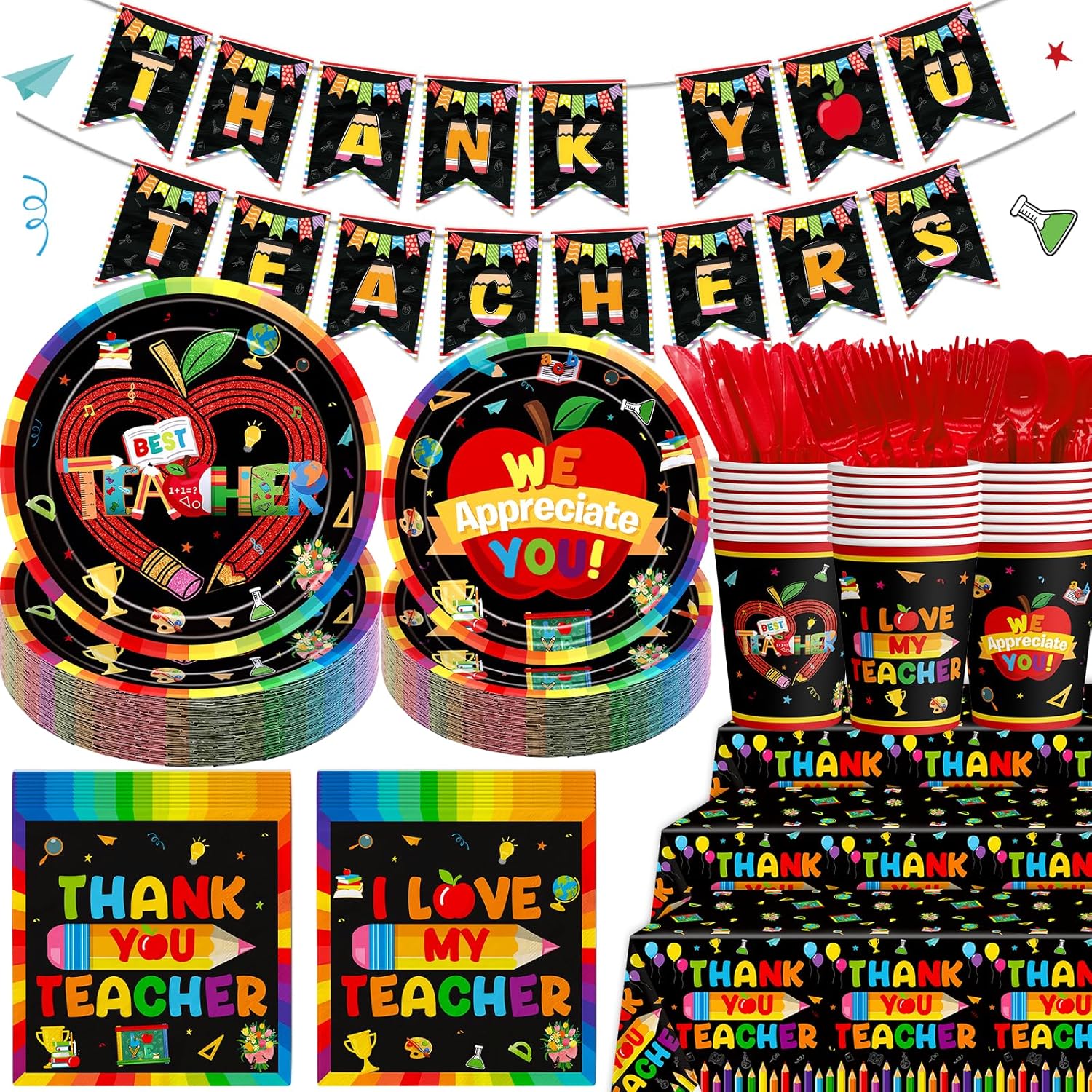 185Pcs Teacher Appreciation Party Supplies Teacher Appreciation Decorations Teacher Appreciation Banner Thank You Teachers Tableware (black red)