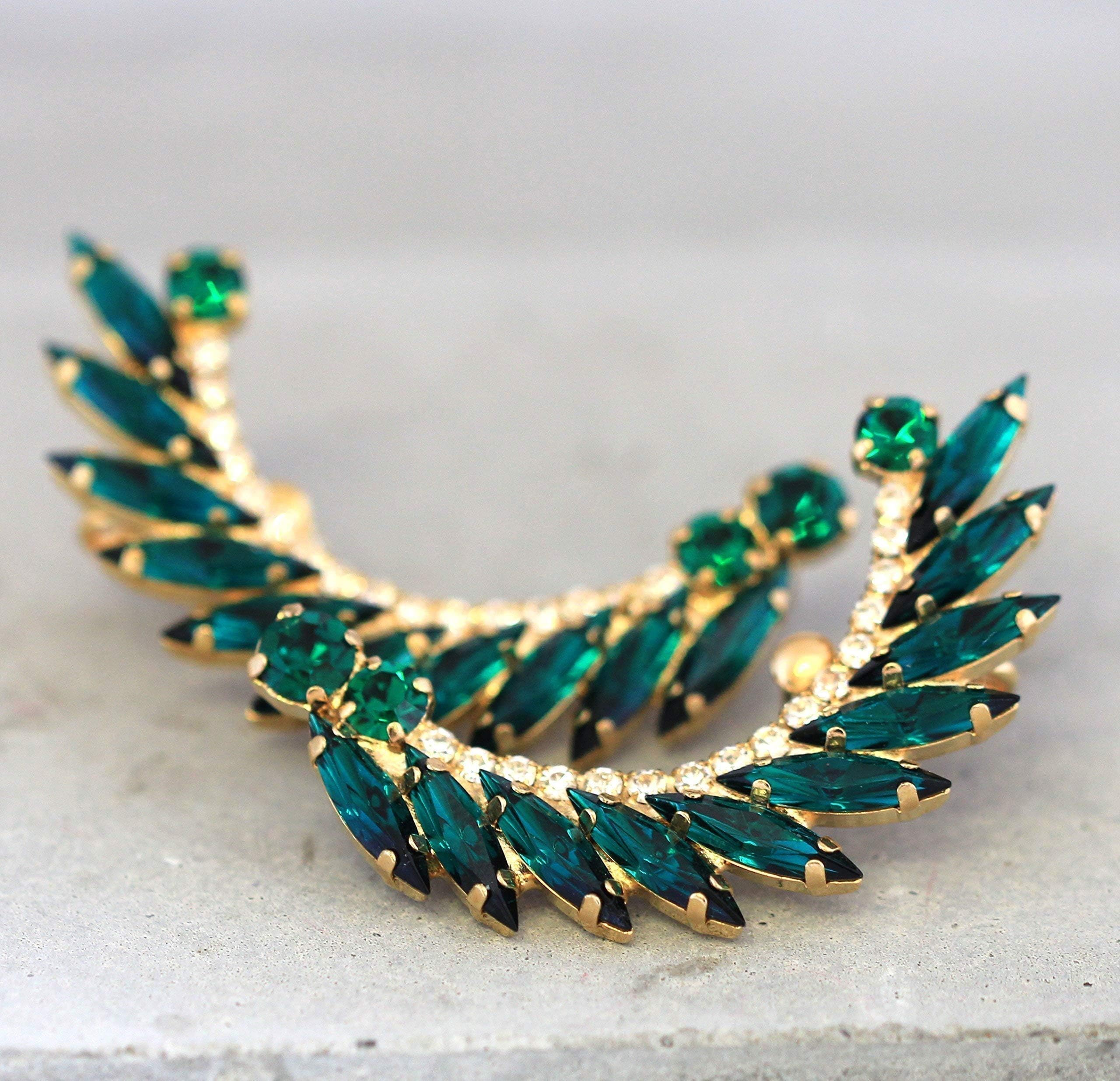 Bridal Green Emerald and Gold Ear Cuffs, Swarovski Crystal Climbing Earrings, Handmade Wedding and Party Jewelry