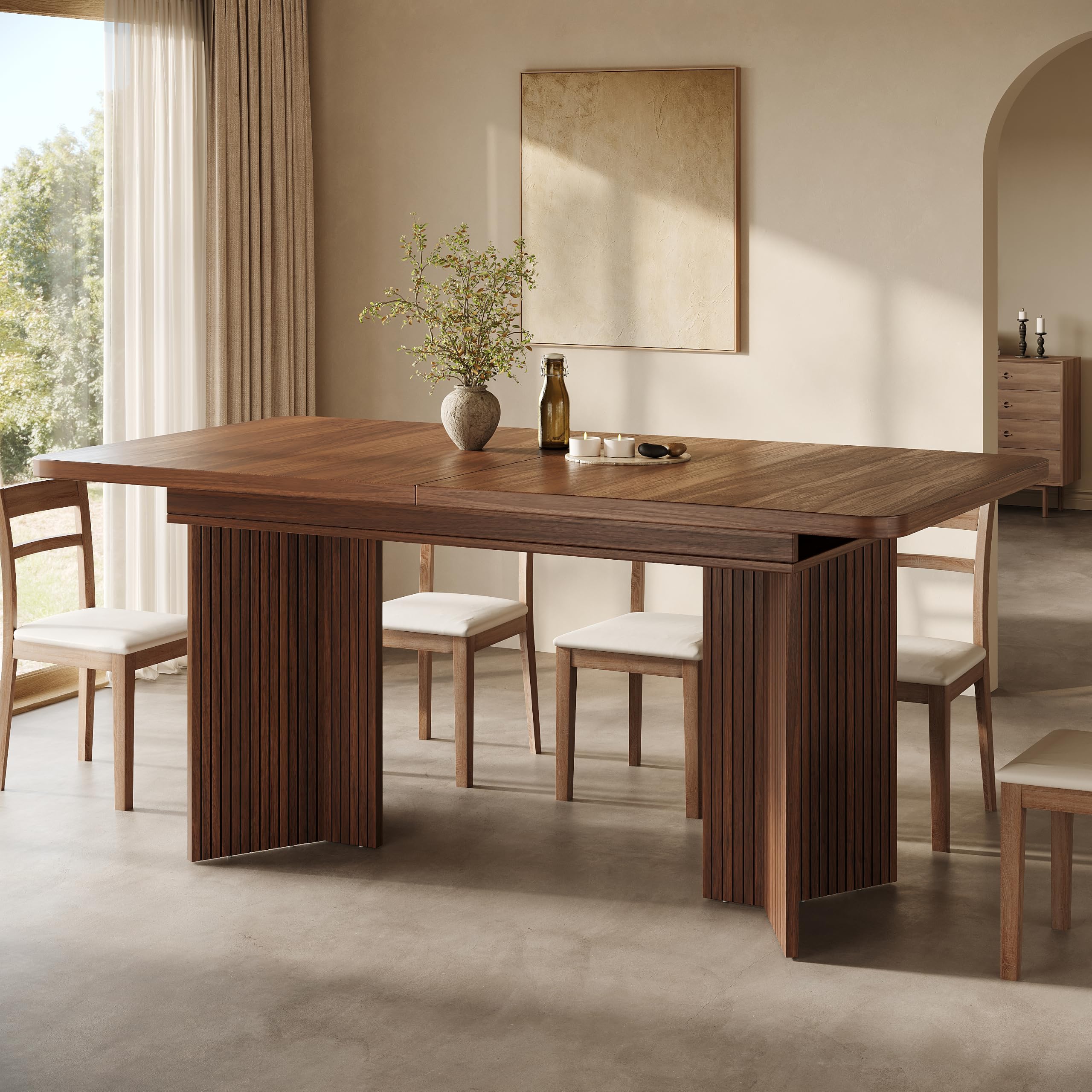 Table à Manger Extensible 120-160 cm, Table Salle à Manger Rectangulaire avec Pieds en V à Riffles Verticales, Table de Cuisine en Bois, Design Moderne pour Salle à Manger, Noyer