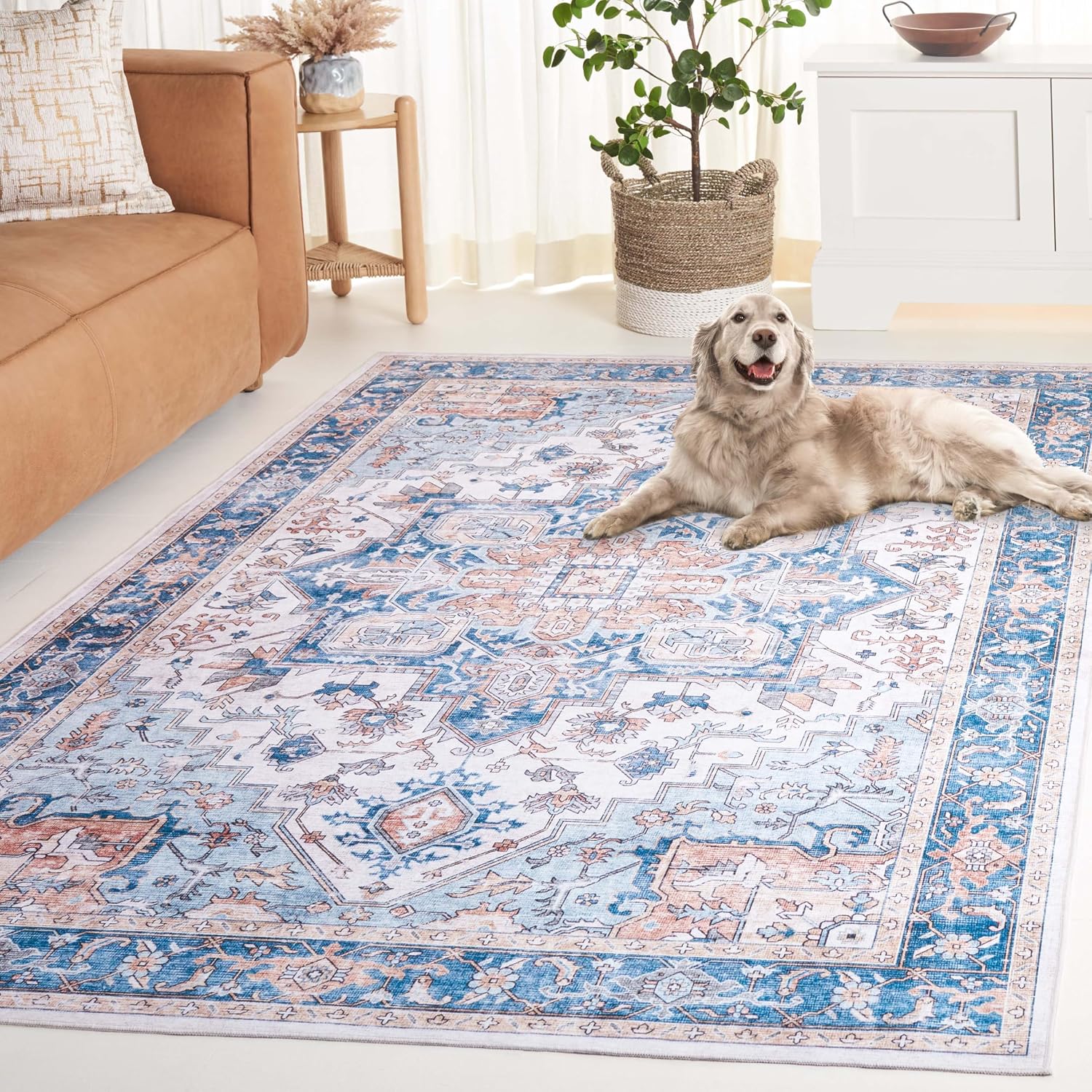 SAFAVIEH Washable Rug Arizona Collection - 8' x 10', Blue & Beige, Slip Resistant & Easy to Clean, Ideal for Living Room, Bedroom, Home Office, Dining Space (ARZ523M)