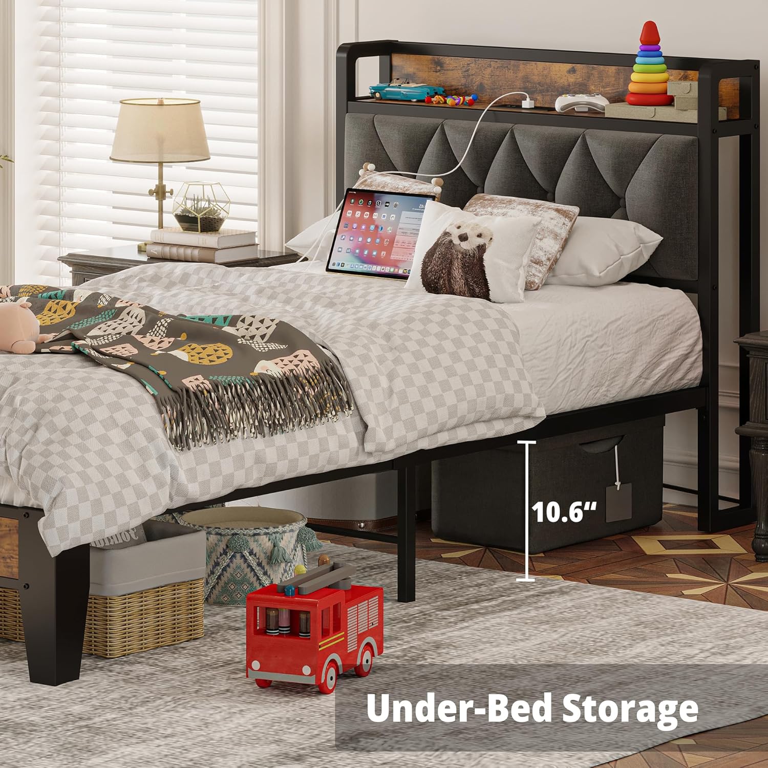 ANCTOR Twin Bed Frame, Upholstered Tufted Headboard, Storage Shelves & Charging Station, No Box Springs Needed, Sturdy, Noise-Free, Modern Vintage Style