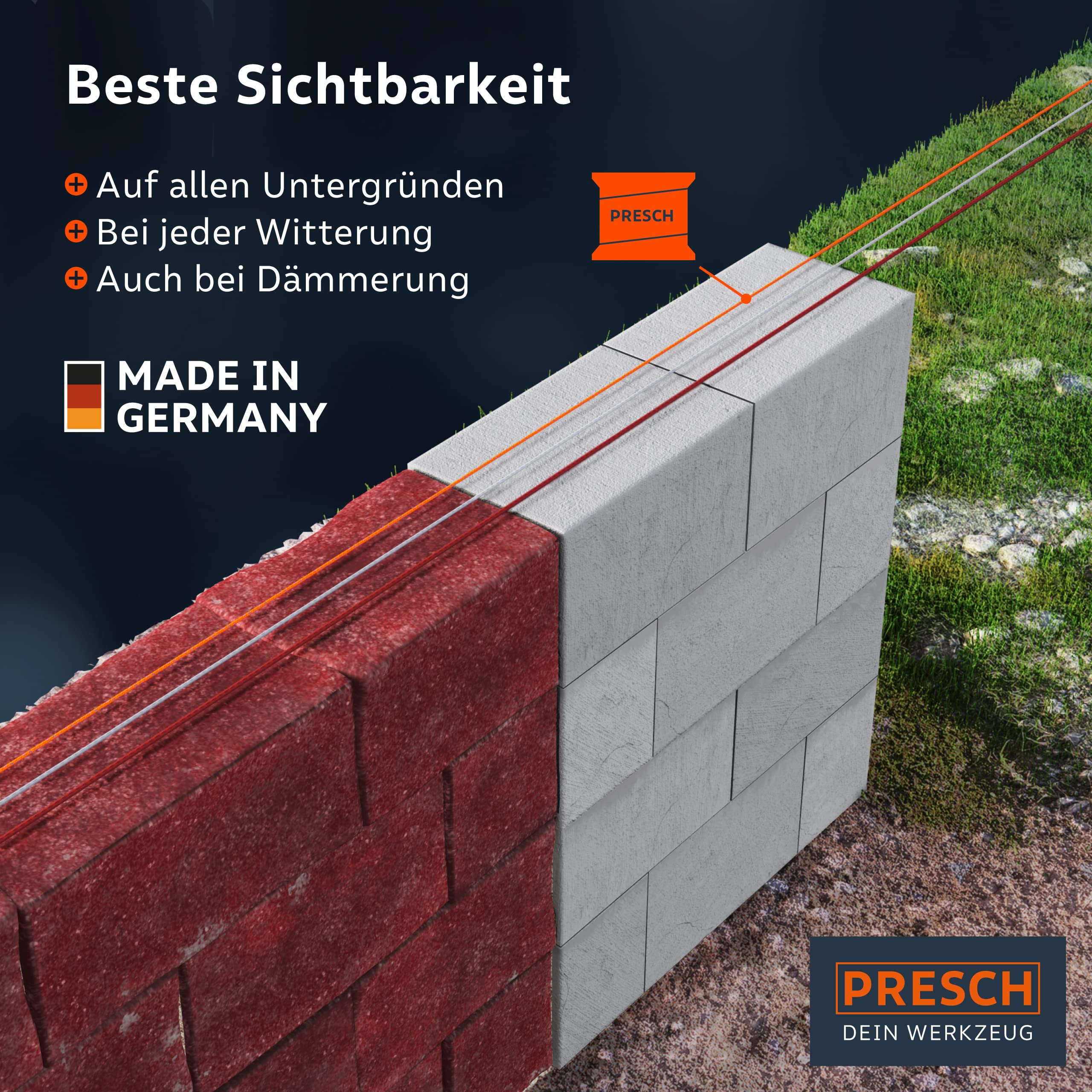 Presch Maurerschnur 100m | Ø2,0mm | Polyester | Reißfeste, witterungsbeständige Richtschnur mit Spule | Knotenfeste Bauschnur - Extrem langlebig und hochwertig