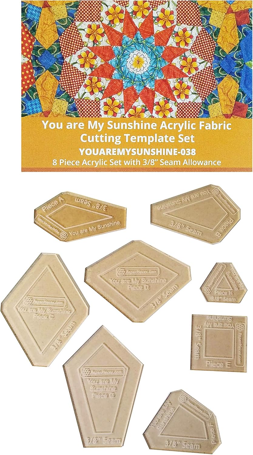 Paper Pieces - Acrylic Template Set for The You are My Sunshine Quilt Pattern (from The Millefiori Quilts 4 Book) - 8 Pieces with 3/8" Seam Allowance