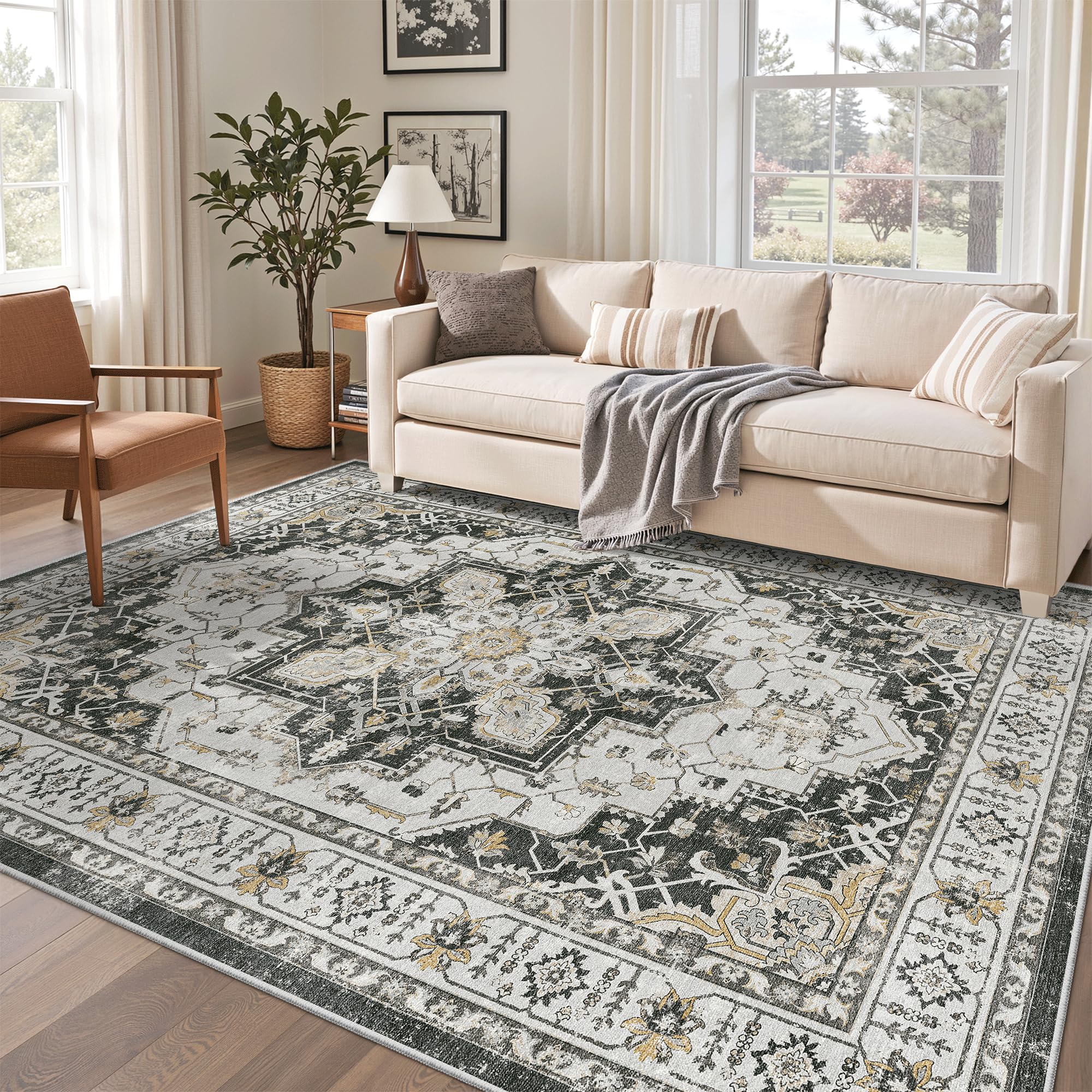 Madane 6x9 Area Rugs for Living Room, Stain Resistant Washable Rugs, Non-Slip Backing Area Rug, Vintage Home Decor Rug for Bedroom (Black, 6'x9')