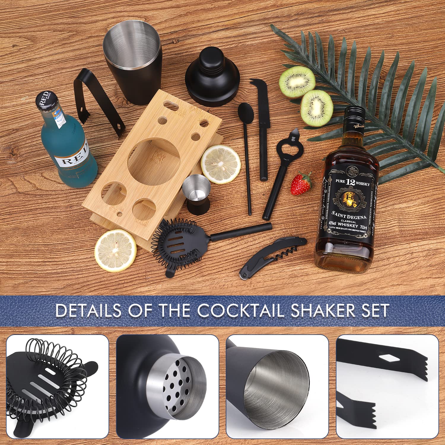 JNWINOG Juego de 9 cocteleras de coctelera kit de bartending bar cóctel bar set cóctel mezcla bebida kit profesional bar y hogar beber bar herramientas para camarero (negro mate)
