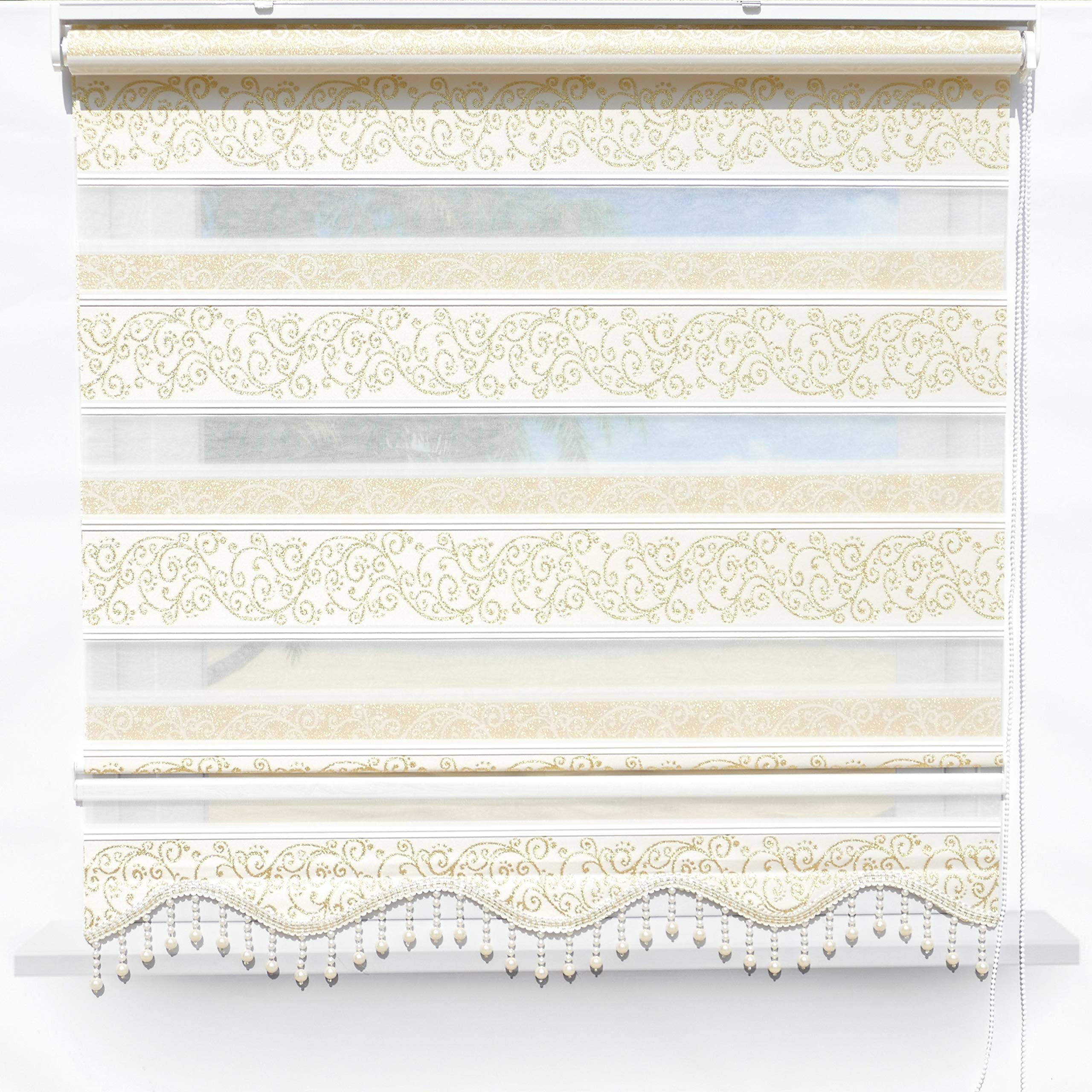 Brillant Doppelrollo Klemmfix ohne Bohren Beige Gold, 50x200cm (BxH), Stoffbreite 46 cm, mit Muster, Volant und Perlen, Duo Rollo für Fenster und Türen, Made in Germany