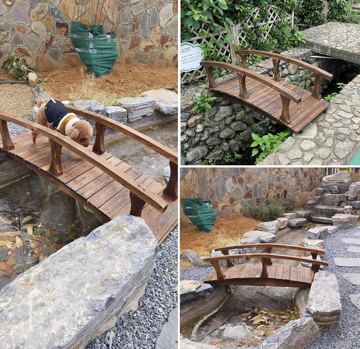 CMYUN 4.6ft Carbonized Small Garden Bridges, Solid Wood Garden Decor Arch Pond Bridge with Safety Rails, Rustic Footbridge for Farm Creek Yard