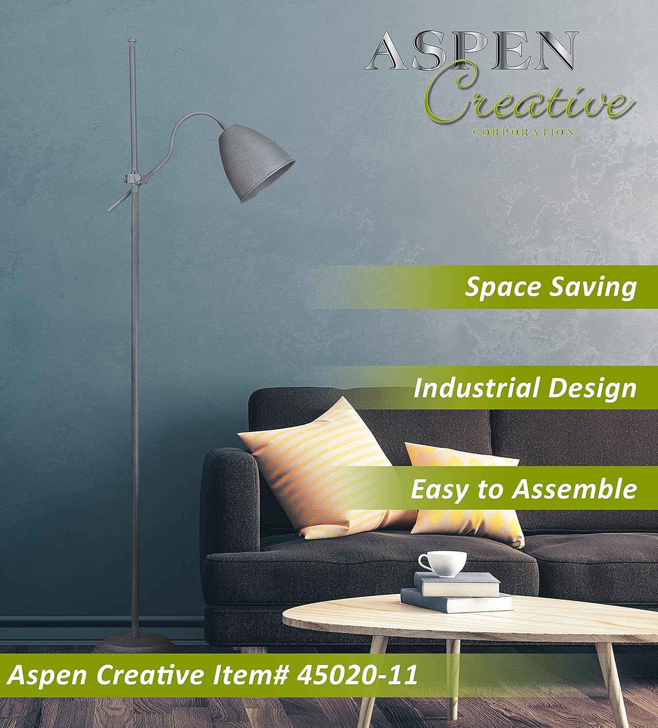 Aspen Creative 45020-11, One-Light Adjustable Floor Lamp, Transiitional Design in Cement, 64" High